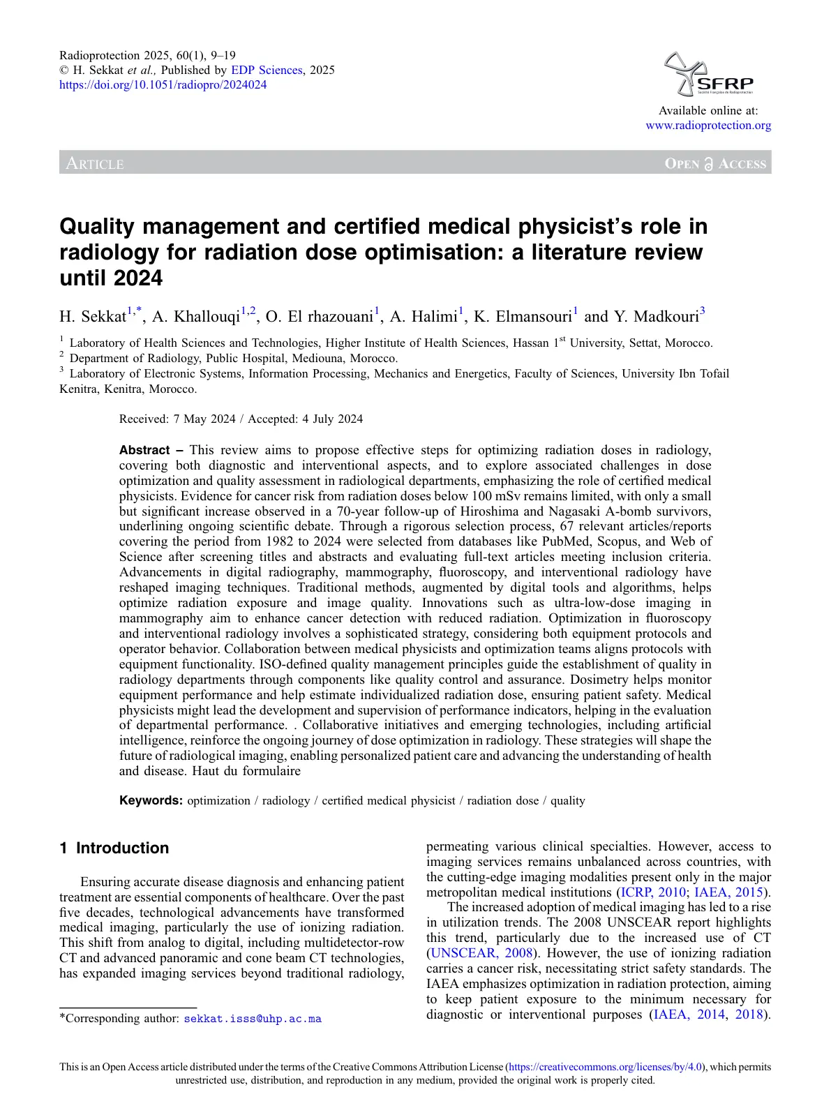 غلاف تقرير Quality management and certified medical physicist's role in radiology for radiation dose optimisation: a literature review until 2024