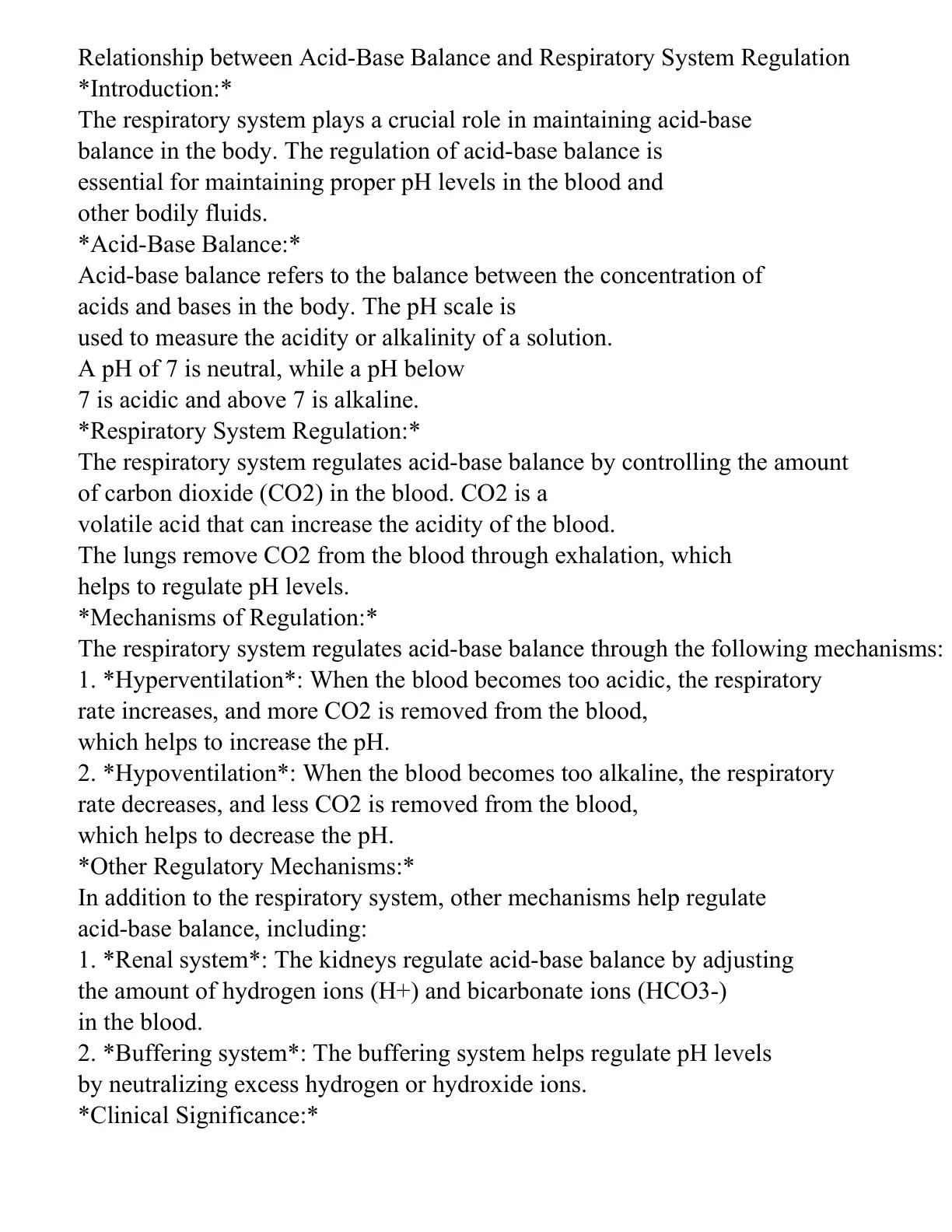 غلاف تقرير Relationship between Acid-Base Balance and Respiratory System Regulation