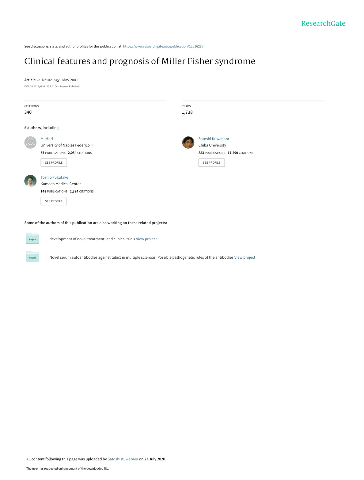 غلاف تقرير Clinical features and prognosis of Miller Fisher syndrome