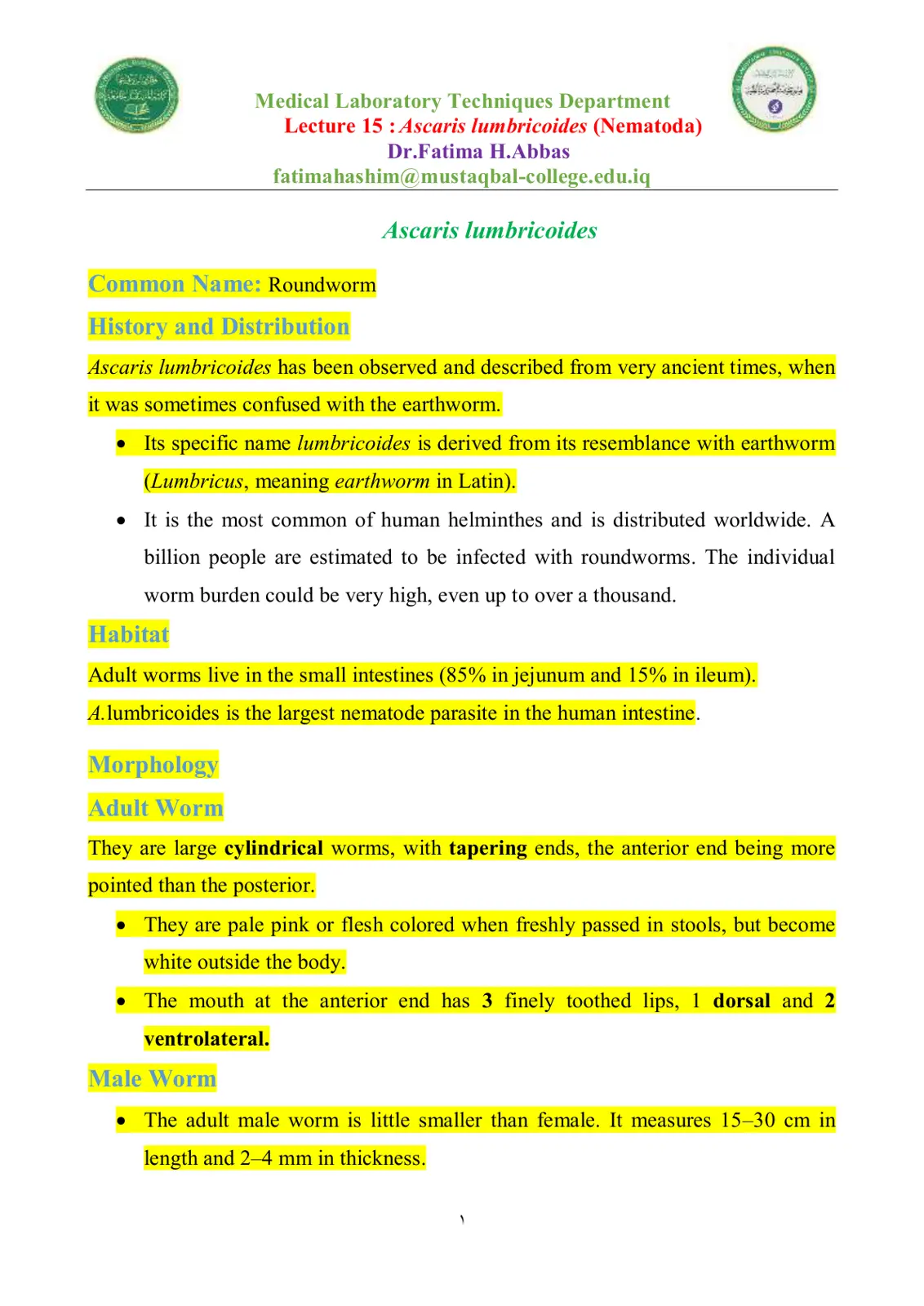 غلاف تقرير Lecture 15: Ascaris lumbricoides (Nematoda)
