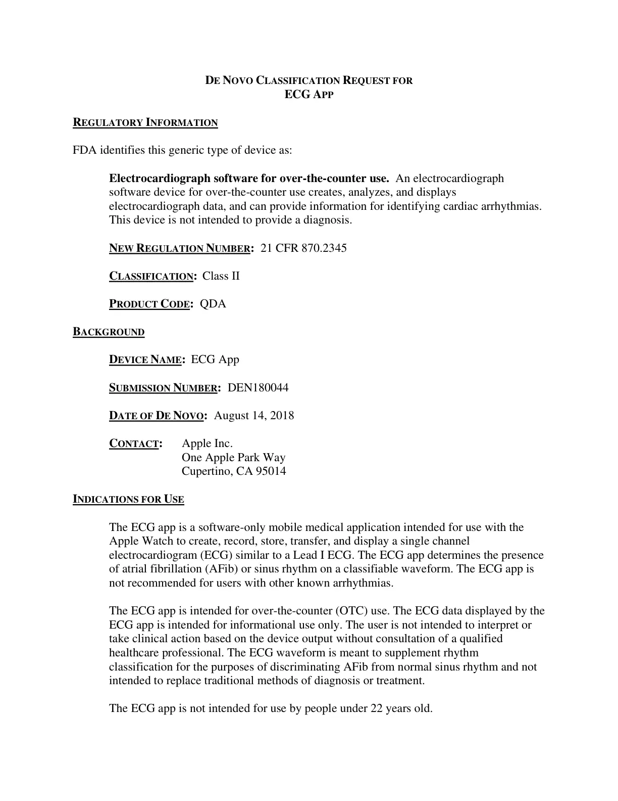 غلاف تقرير DE NOVO CLASSIFICATION REQUEST FOR ECG APP