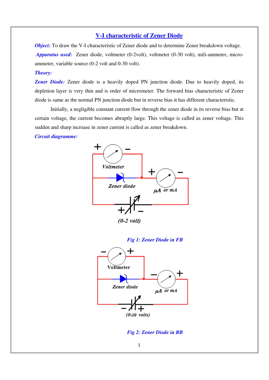 غلاف تقرير V-I characteristic of Zener Diode
