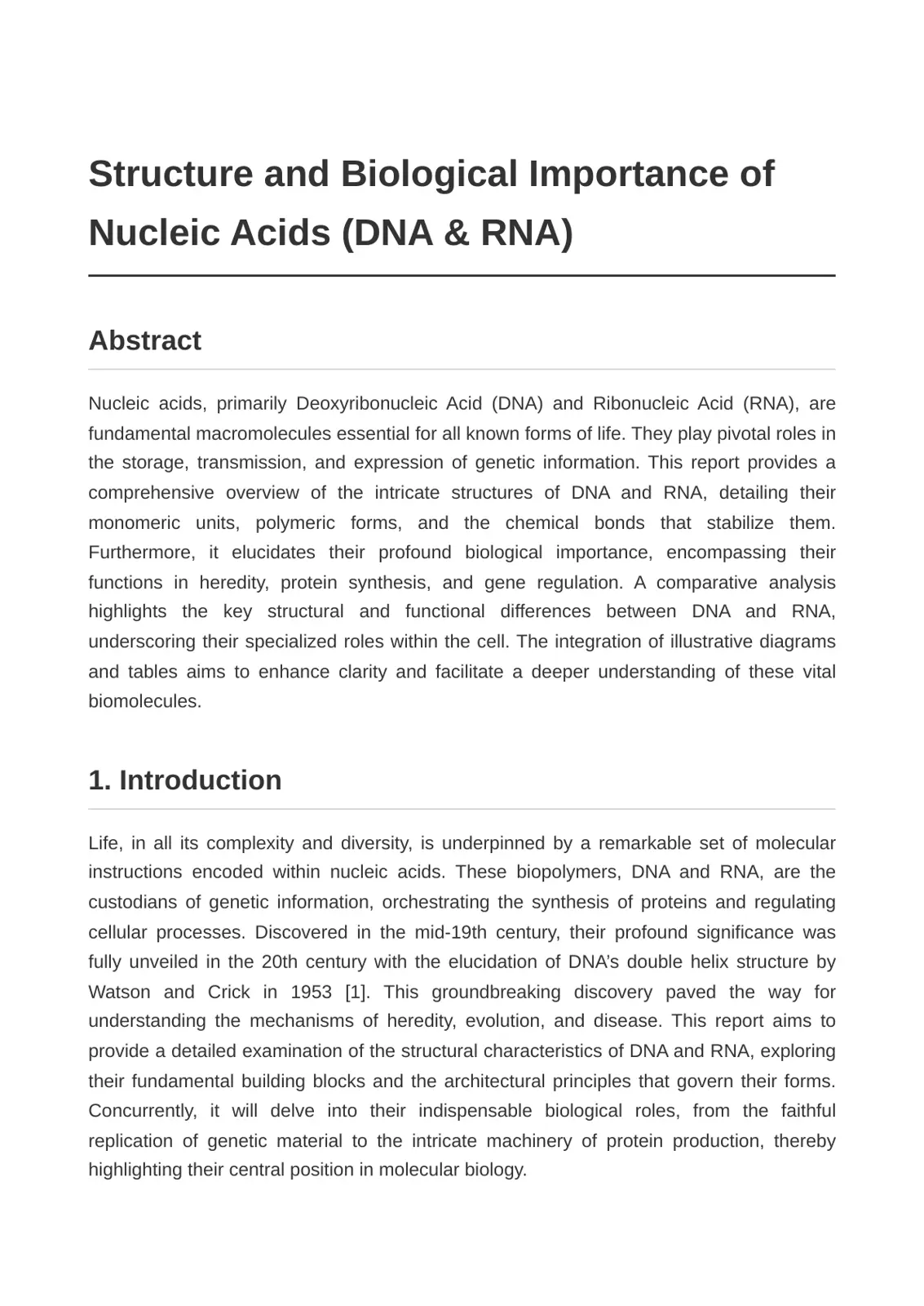 غلاف تقرير Structure and Biological Importance of Nucleic Acids (DNA & RNA)