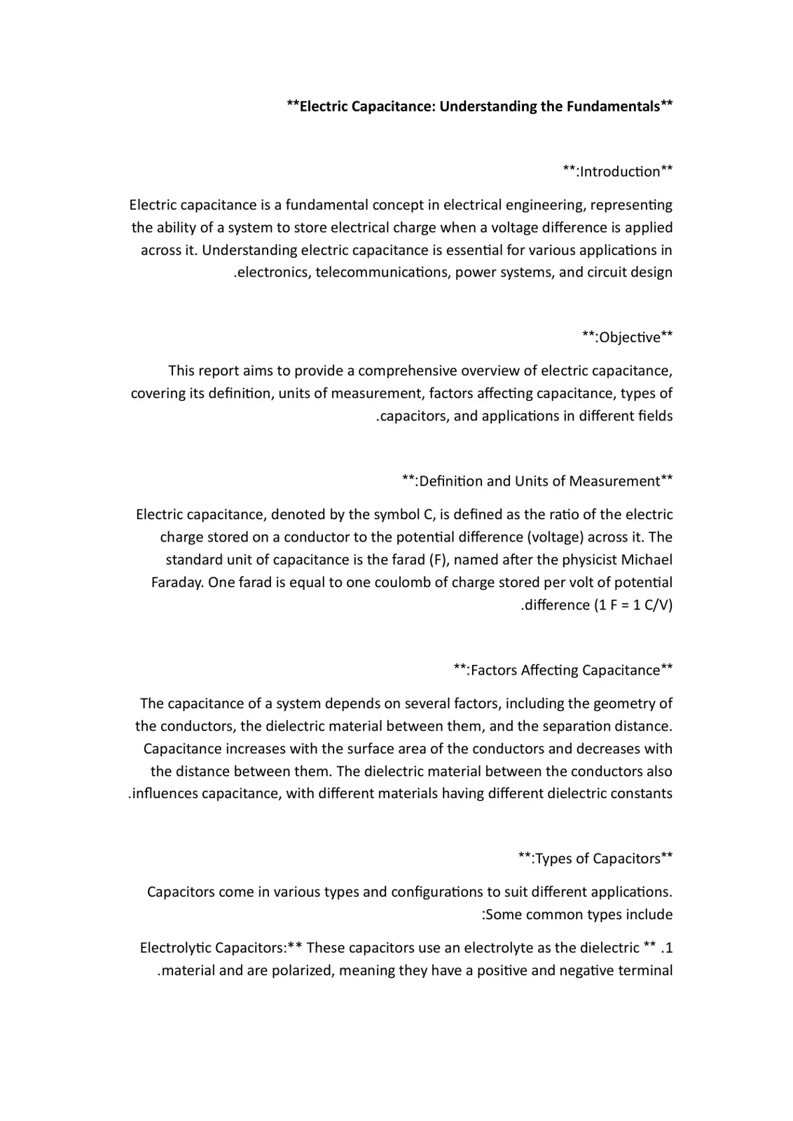 غلاف تقرير Electric Capacitance: Understanding the Fundamentals