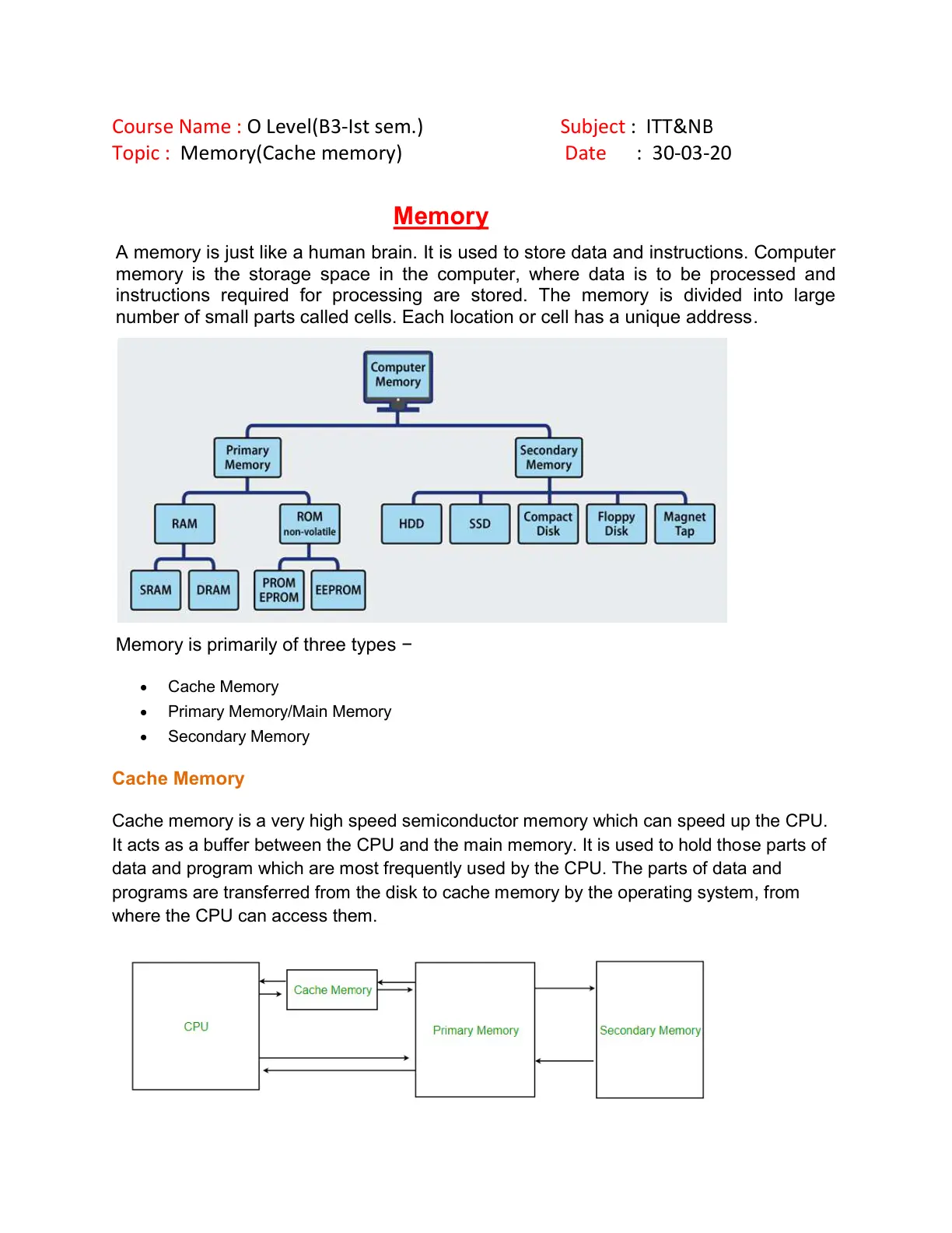 غلاف تقرير Memory (Cache memory)