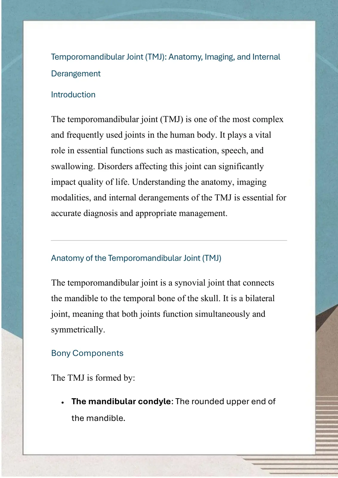 غلاف تقرير Temporomandibular Joint (TMJ): Anatomy, Imaging, and Internal Derangement