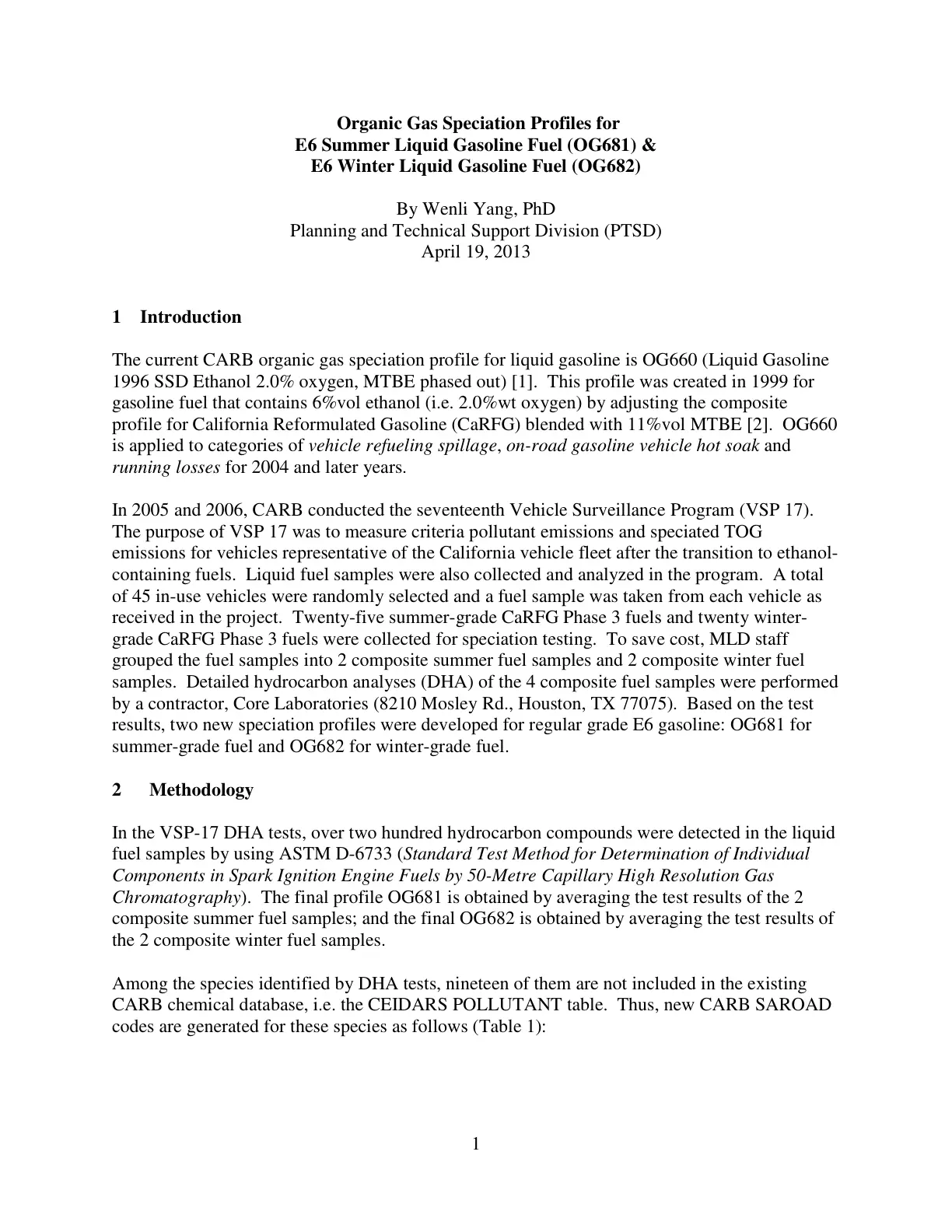 غلاف تقرير Organic Gas Speciation Profiles for E6 Summer Liquid Gasoline Fuel (OG681) and E6 Winter Liquid Gasoline Fuel (OG682)