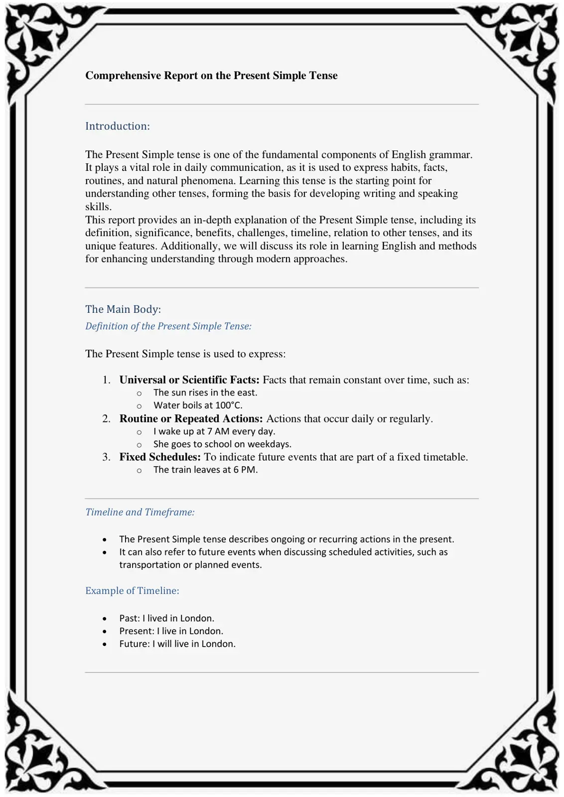 غلاف تقرير Comprehensive Report on the Present Simple Tense