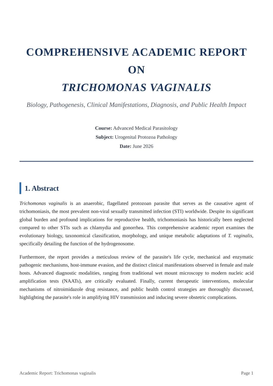 غلاف تقرير المقالة الأكاديمية الشاملة حول Trichomonas vaginalis