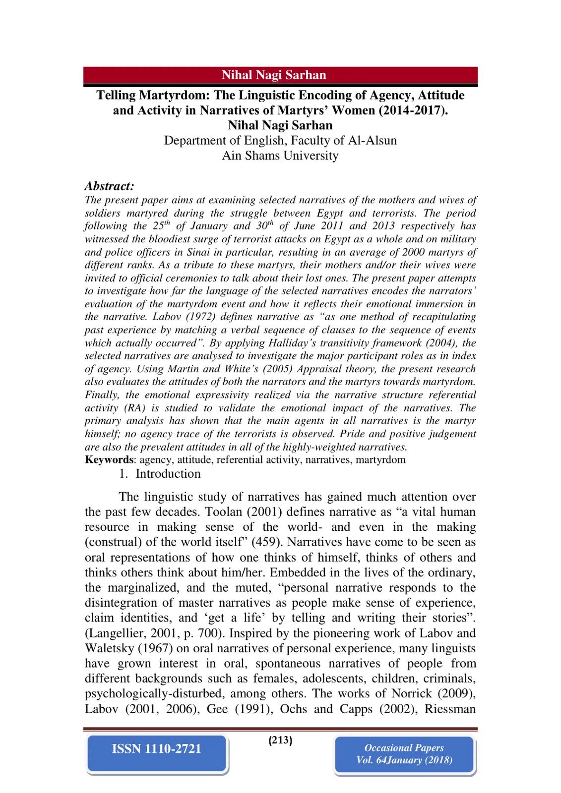 غلاف تقرير Telling Martyrdom: The Linguistic Encoding of Agency, Attitude and Activity in Narratives of Martyrs' Women (2014-2017)