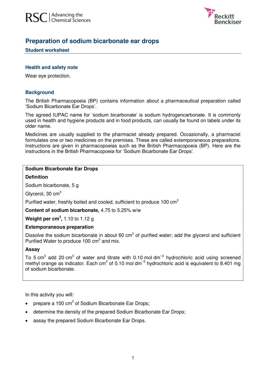 غلاف تقرير Preparation of sodium bicarbonate ear drops