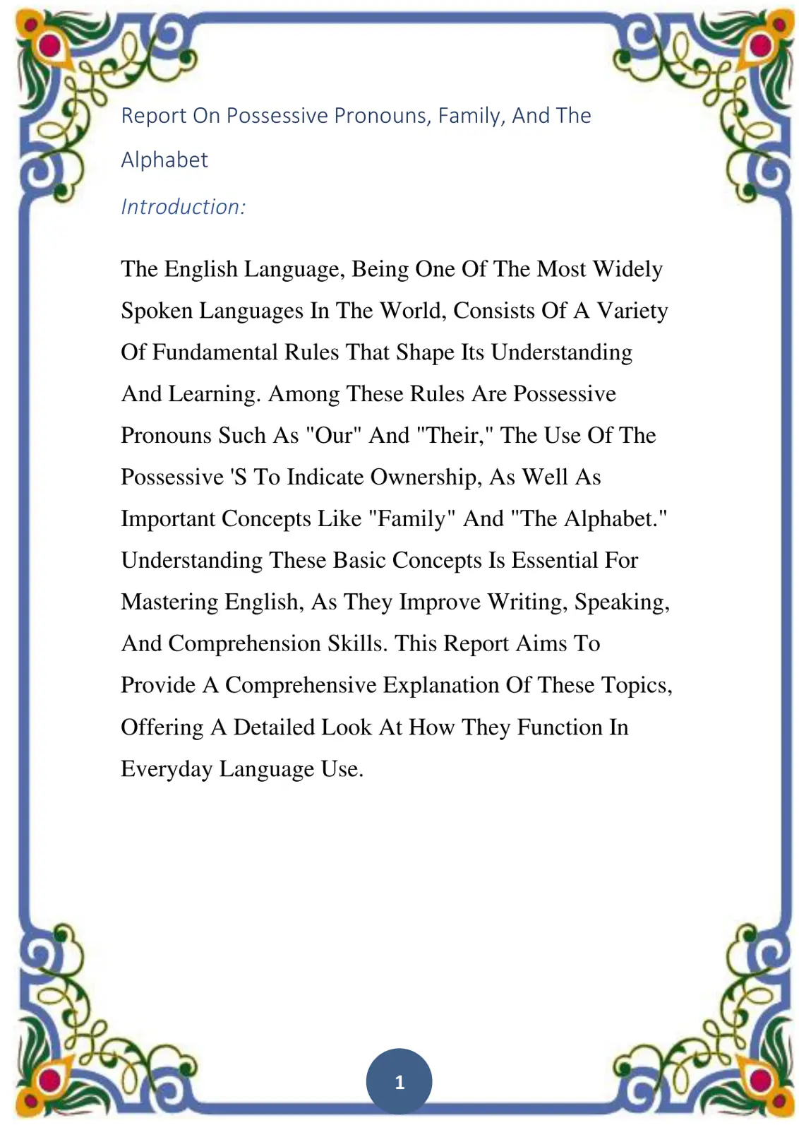 غلاف تقرير Report On Possessive Pronouns, Family, And The Alphabet