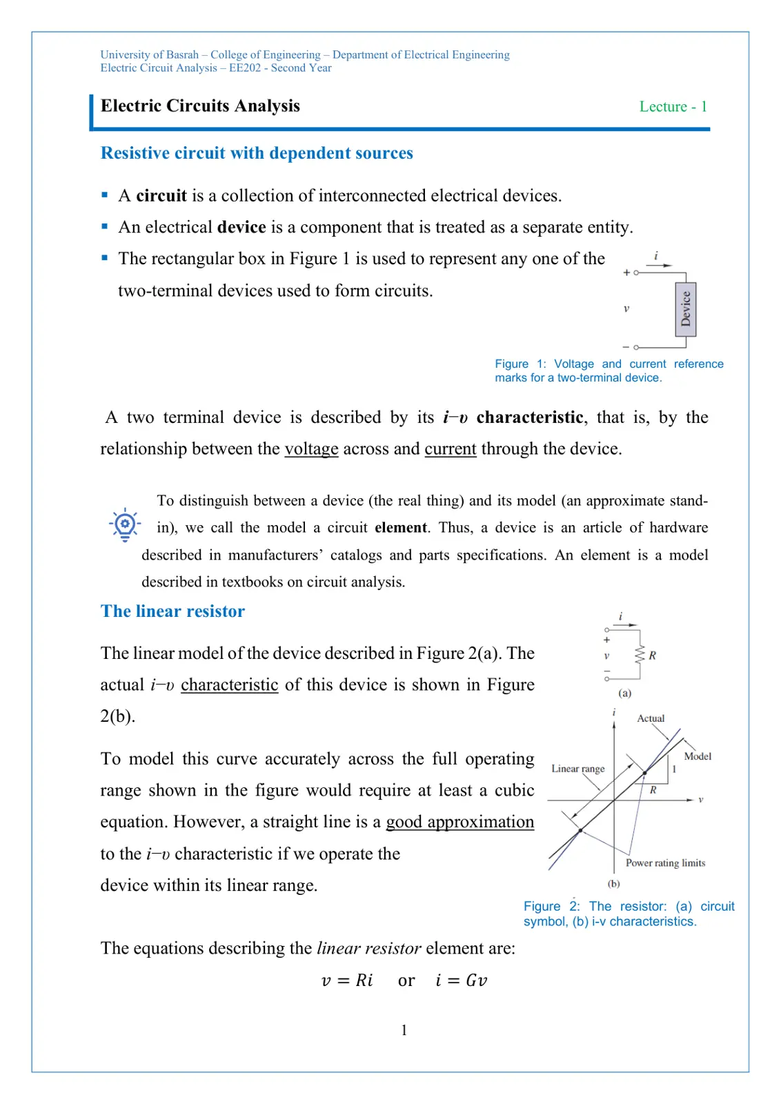 غلاف تقرير Electric Circuit Analysis EE202 - Lecture 1