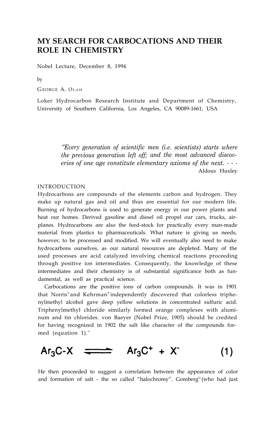 غلاف تقرير MY SEARCH FOR CARBOCATIONS AND THEIR ROLE IN CHEMISTRY