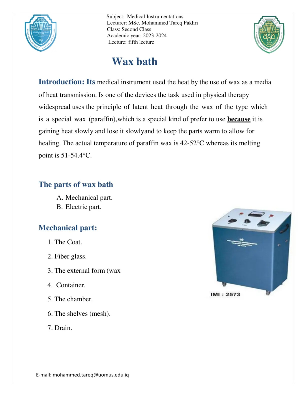 غلاف تقرير Medical Instrumentations - Fifth Lecture: Wax Bath