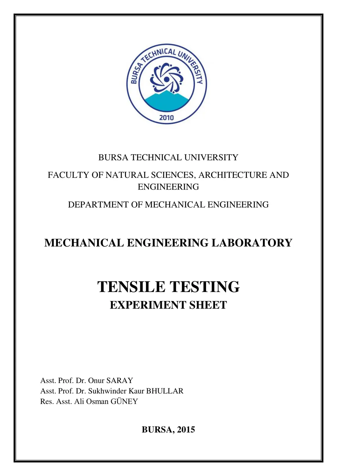 غلاف تقرير TENSILE TESTING EXPERIMENT SHEET