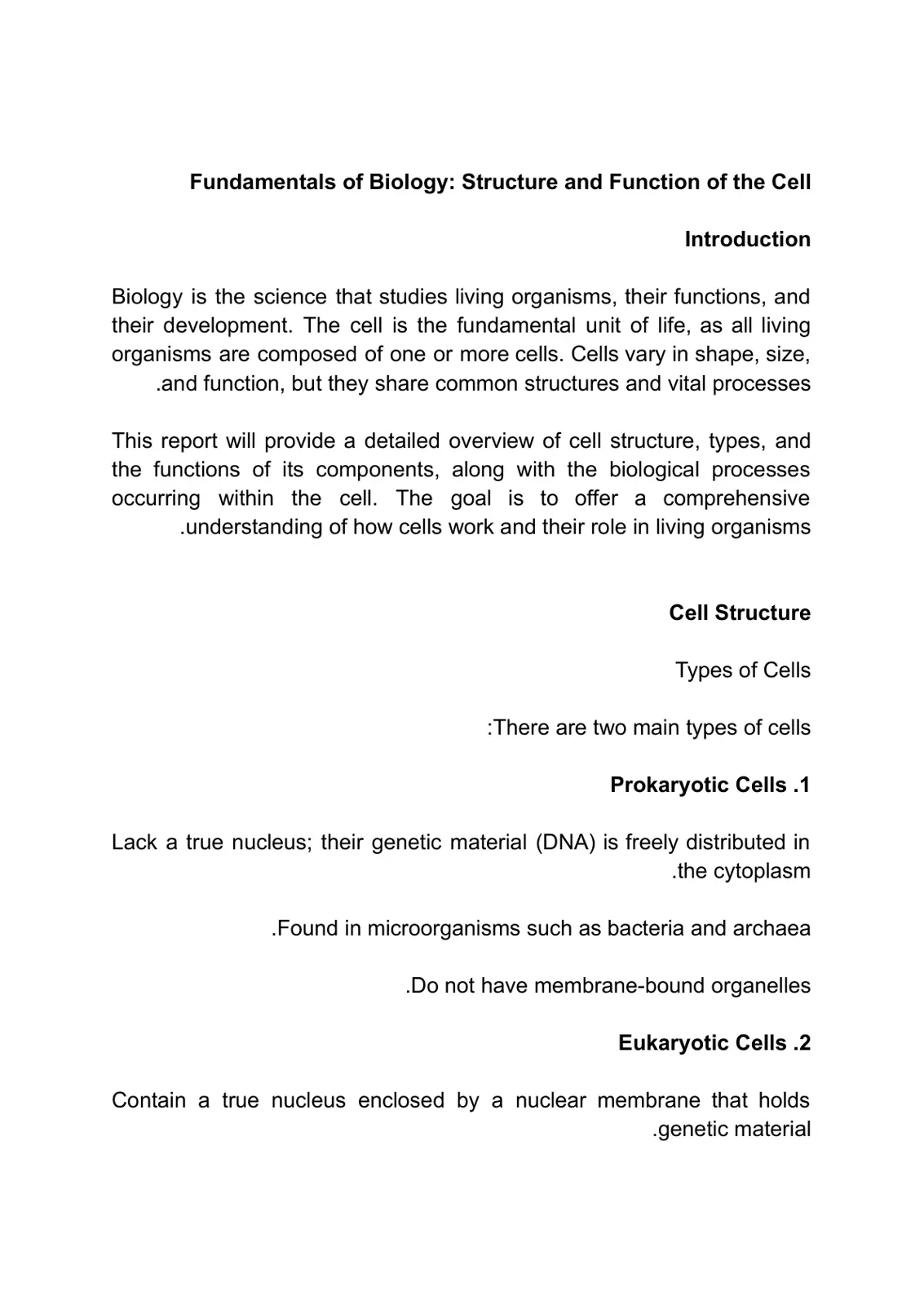 غلاف تقرير Fundamentals of Biology: Structure and Function of the Cell