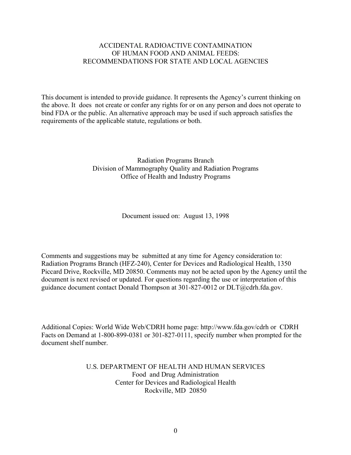 غلاف تقرير ACCIDENTAL RADIOACTIVE CONTAMINATION OF HUMAN FOOD AND ANIMAL FEEDS: RECOMMENDATIONS FOR STATE AND LOCAL AGENCIES