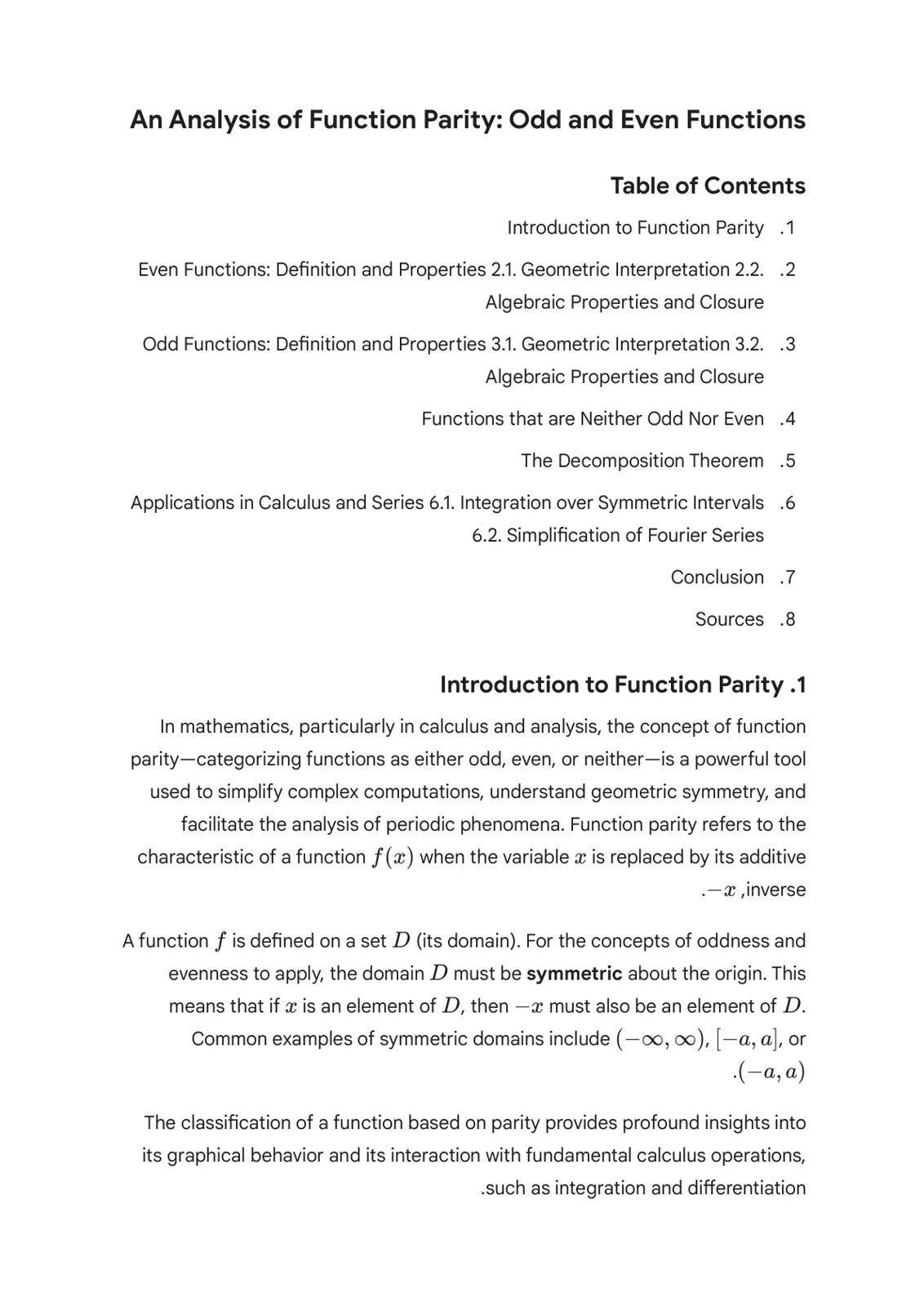 غلاف تقرير An Analysis of Function Parity: Odd and Even Functions