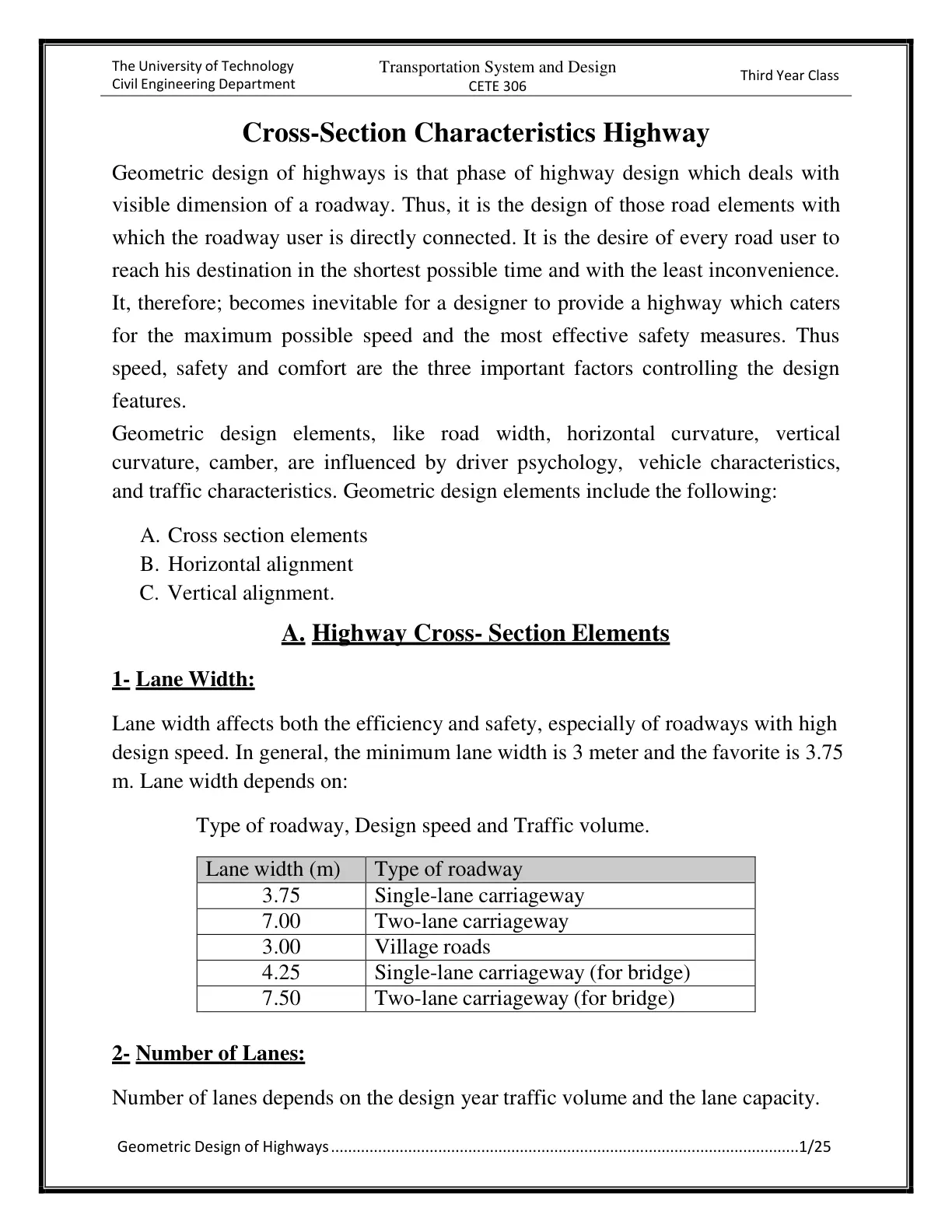 غلاف تقرير Cross-Section Characteristics Highway