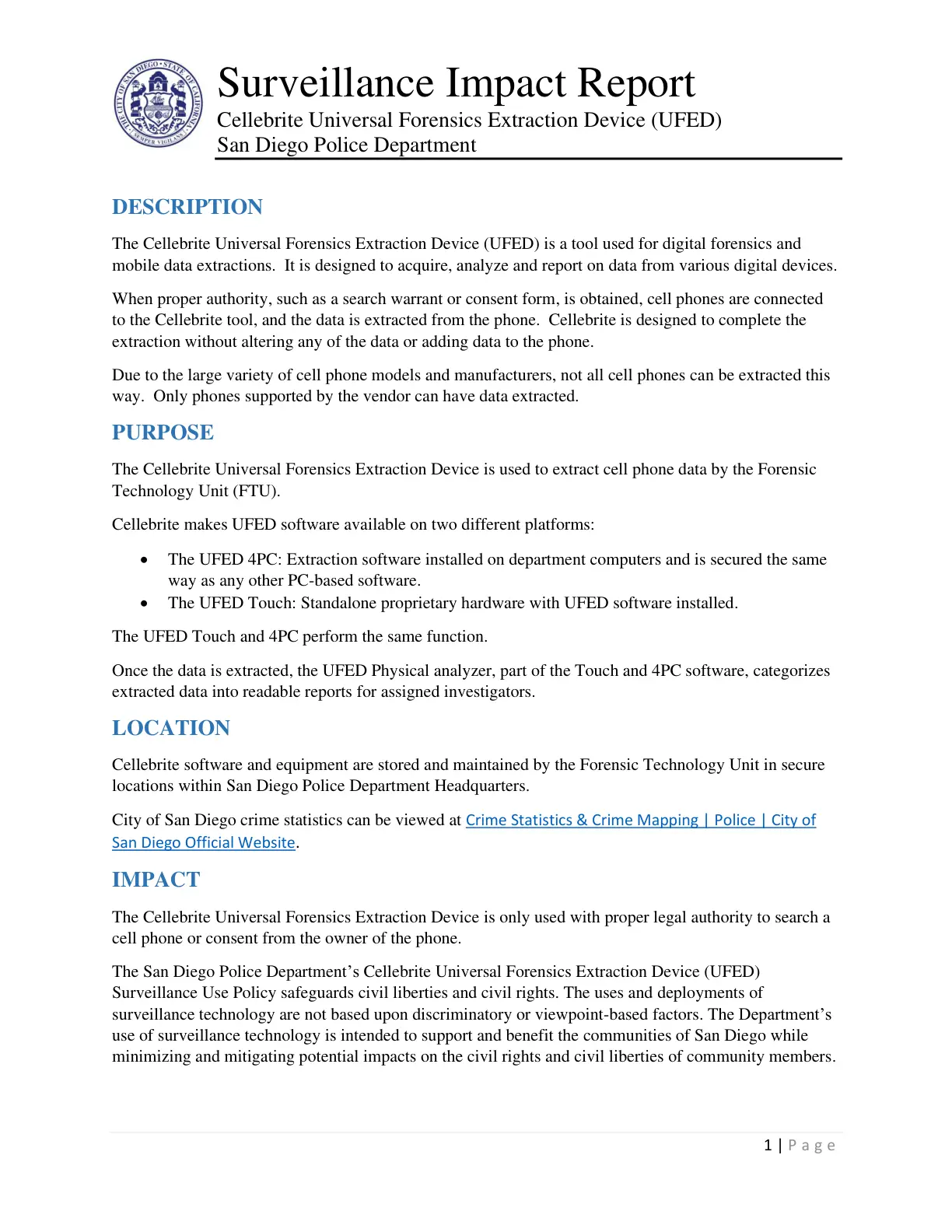 غلاف تقرير Surveillance Impact Report: Cellebrite Universal Forensics Extraction Device (UFED)