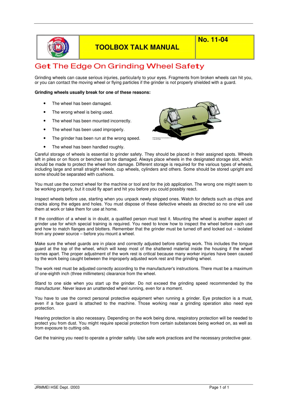 غلاف تقرير Toolbox Talk Manual No. 11-04: Get The Edge On Grinding Wheel Safety