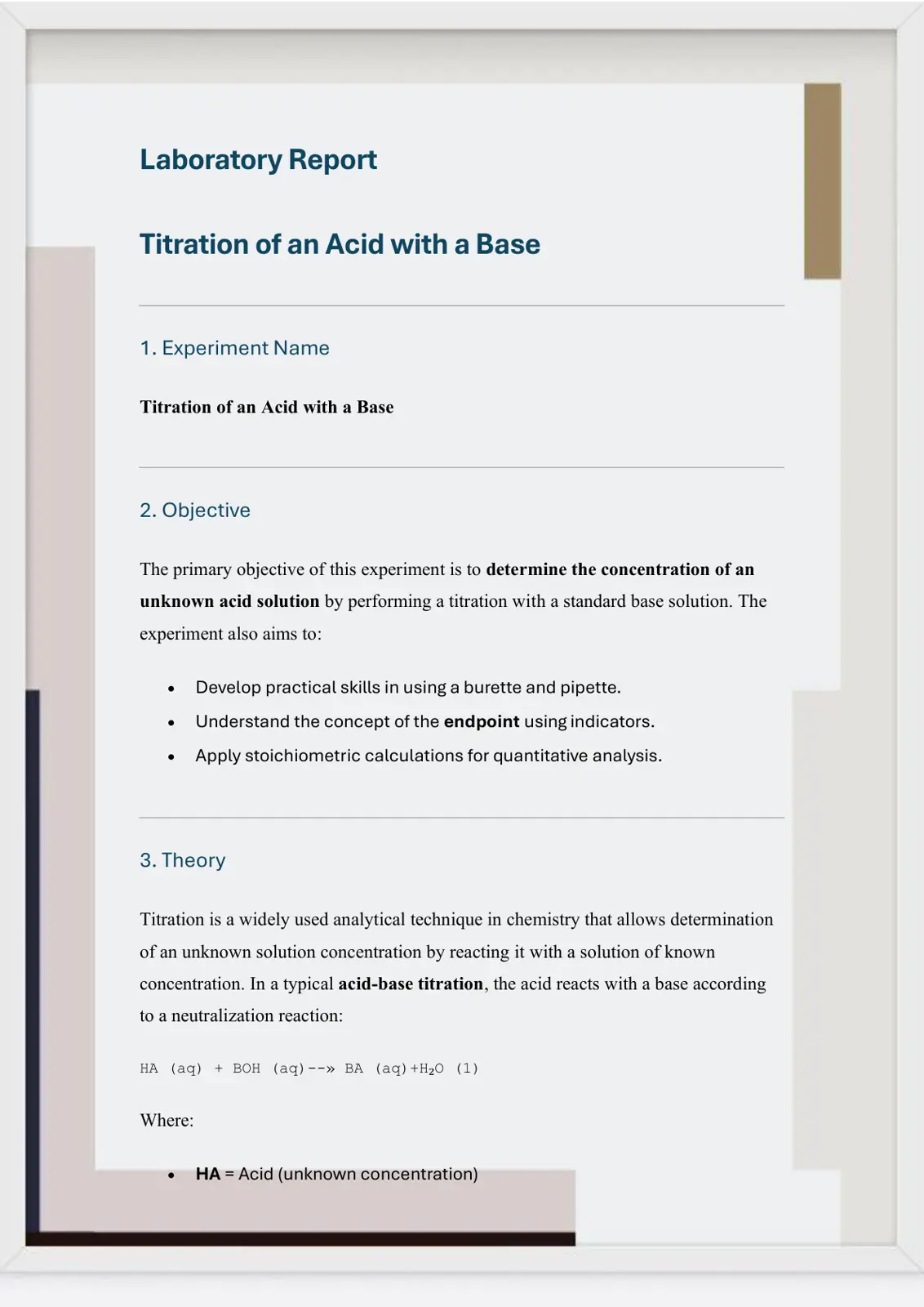 غلاف تقرير Titration of an Acid with a Base
