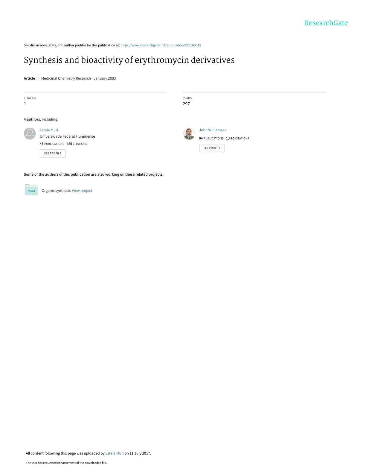 غلاف تقرير Synthesis and bioactivity of erythromycin derivatives