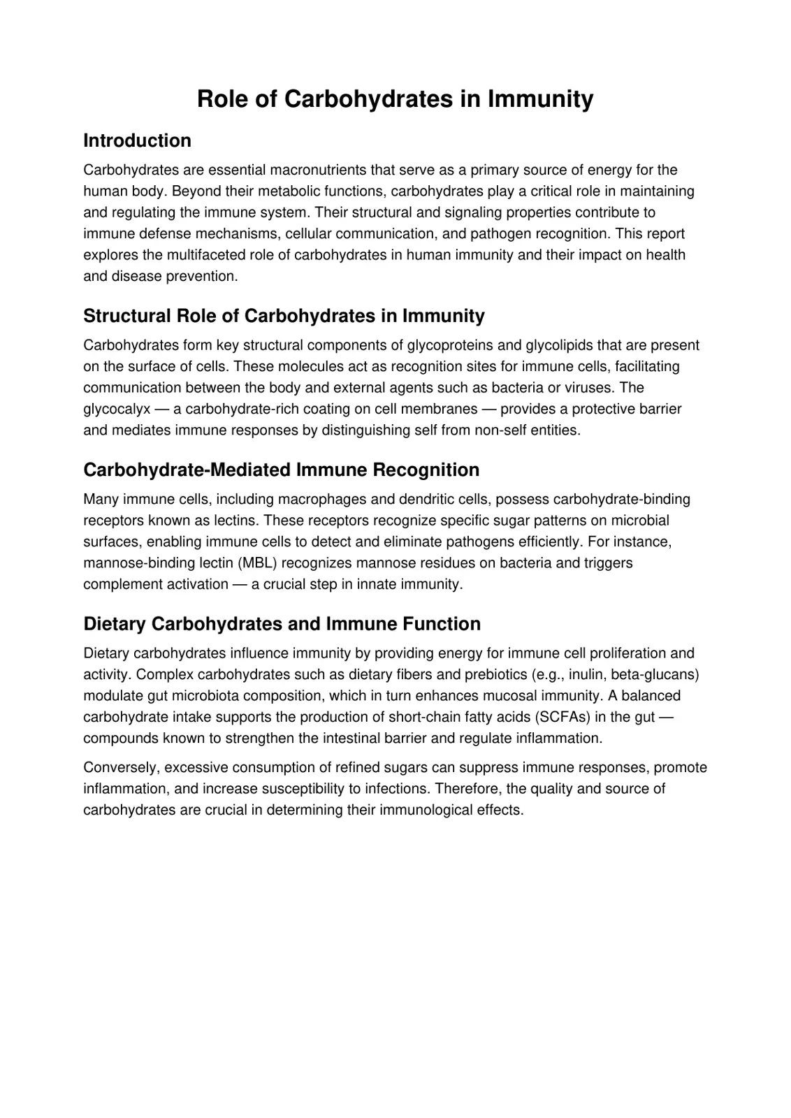 غلاف تقرير Role of Carbohydrates in Immunity