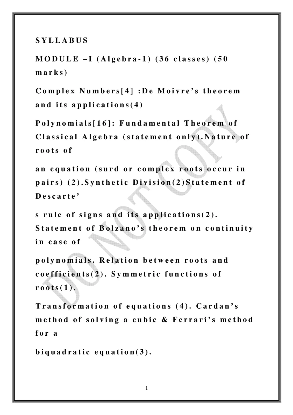 غلاف تقرير Algebra and Trigonometry Syllabus - Module I