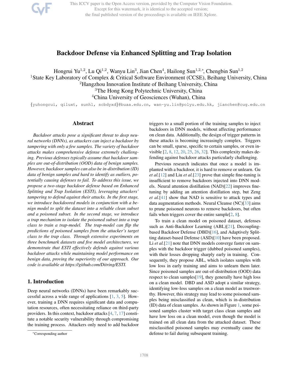 غلاف تقرير Backdoor Defense via Enhanced Splitting and Trap Isolation