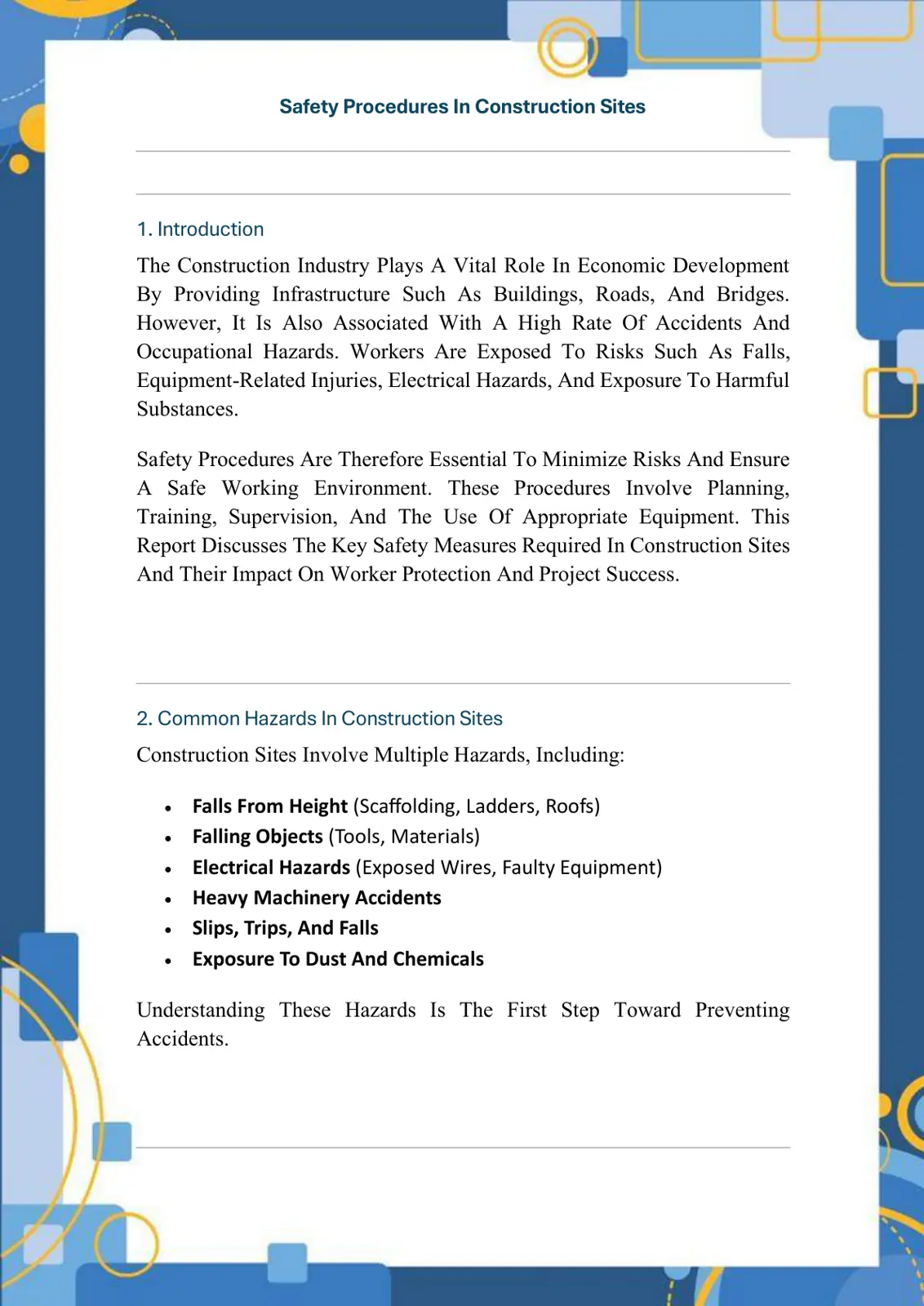 غلاف تقرير Safety Procedures In Construction Sites