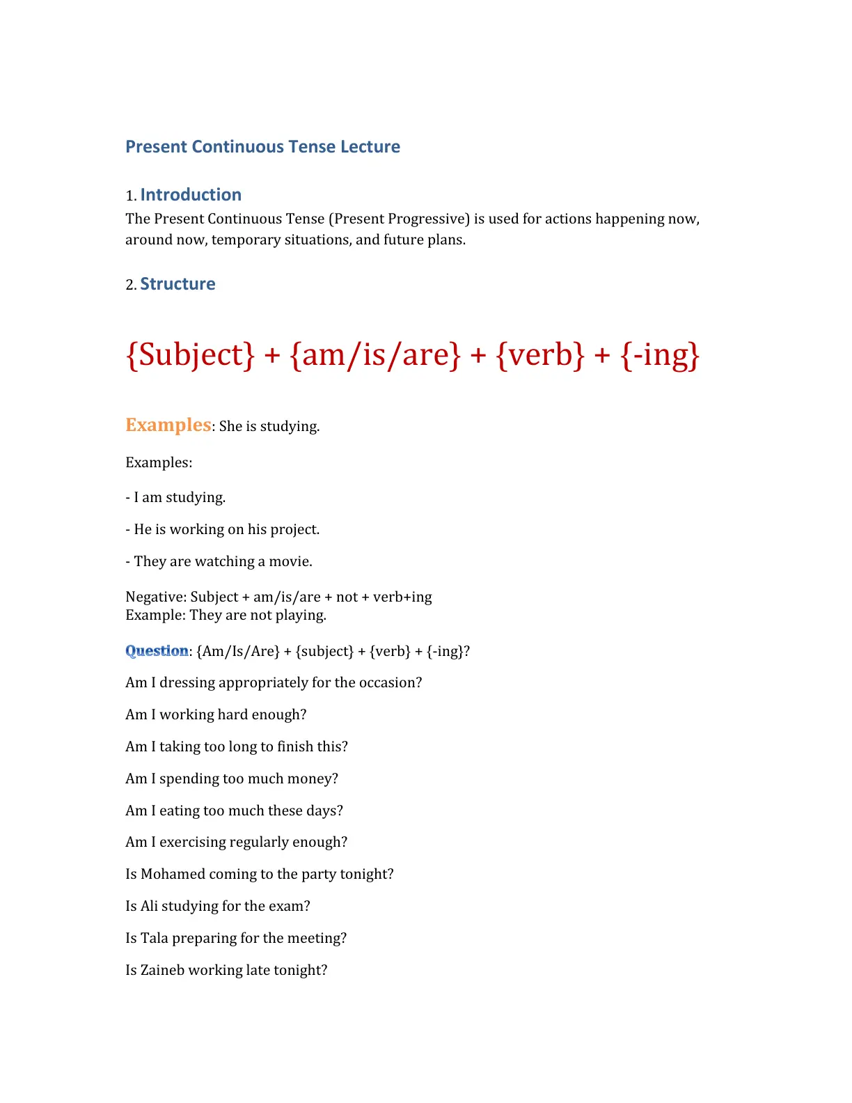 غلاف تقرير Present Continuous Tense Lecture