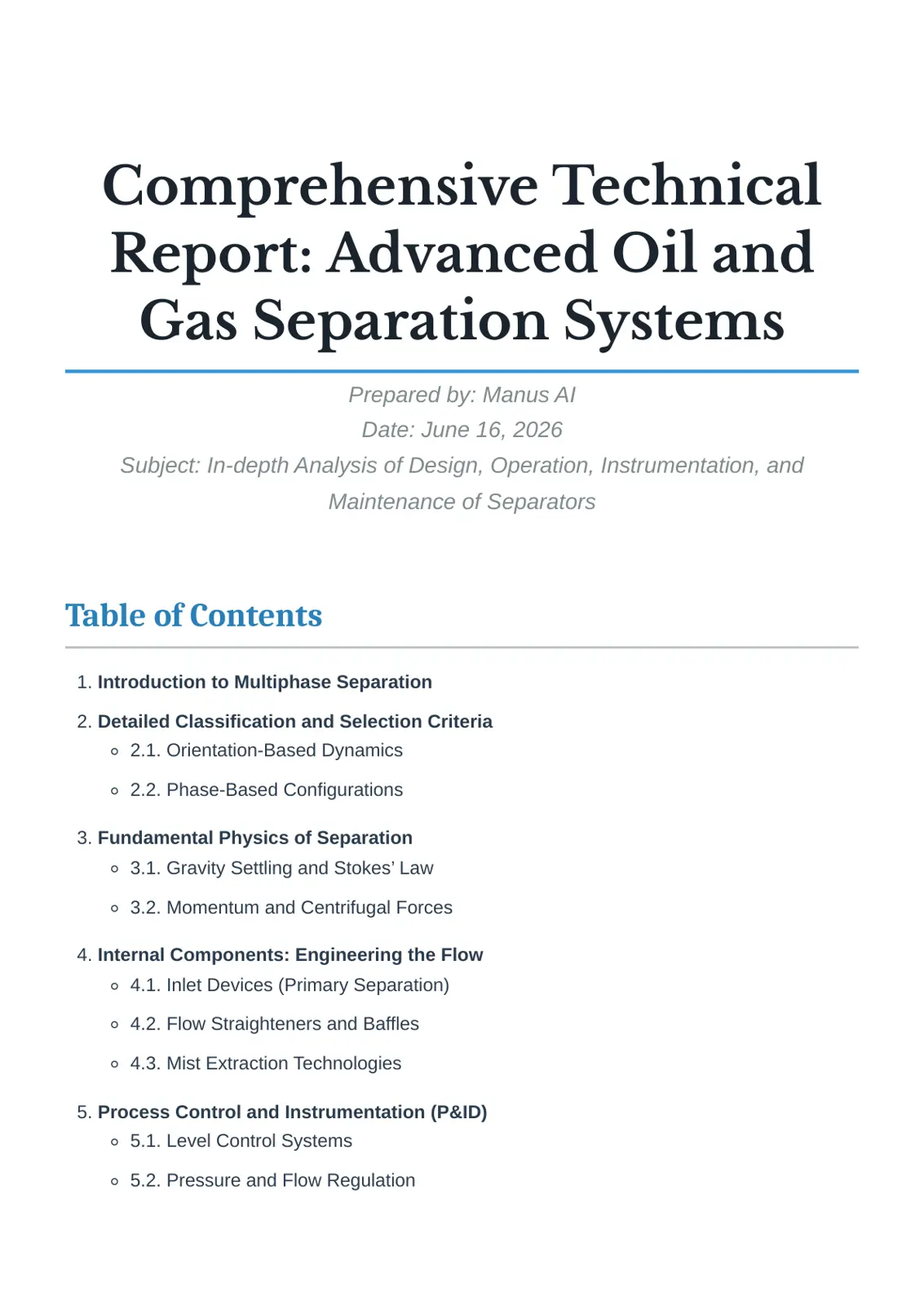 غلاف تقرير Comprehensive Technical Report: Advanced Oil and Gas Separation Systems
