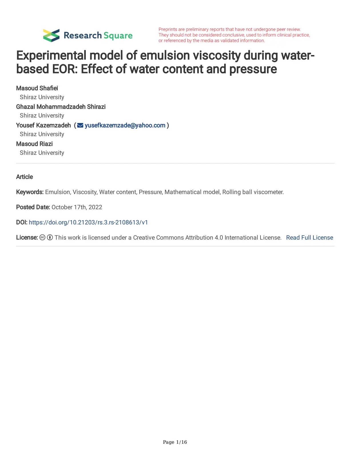 غلاف تقرير Experimental model of emulsion viscosity during water-based EOR: Effect of water content and pressure