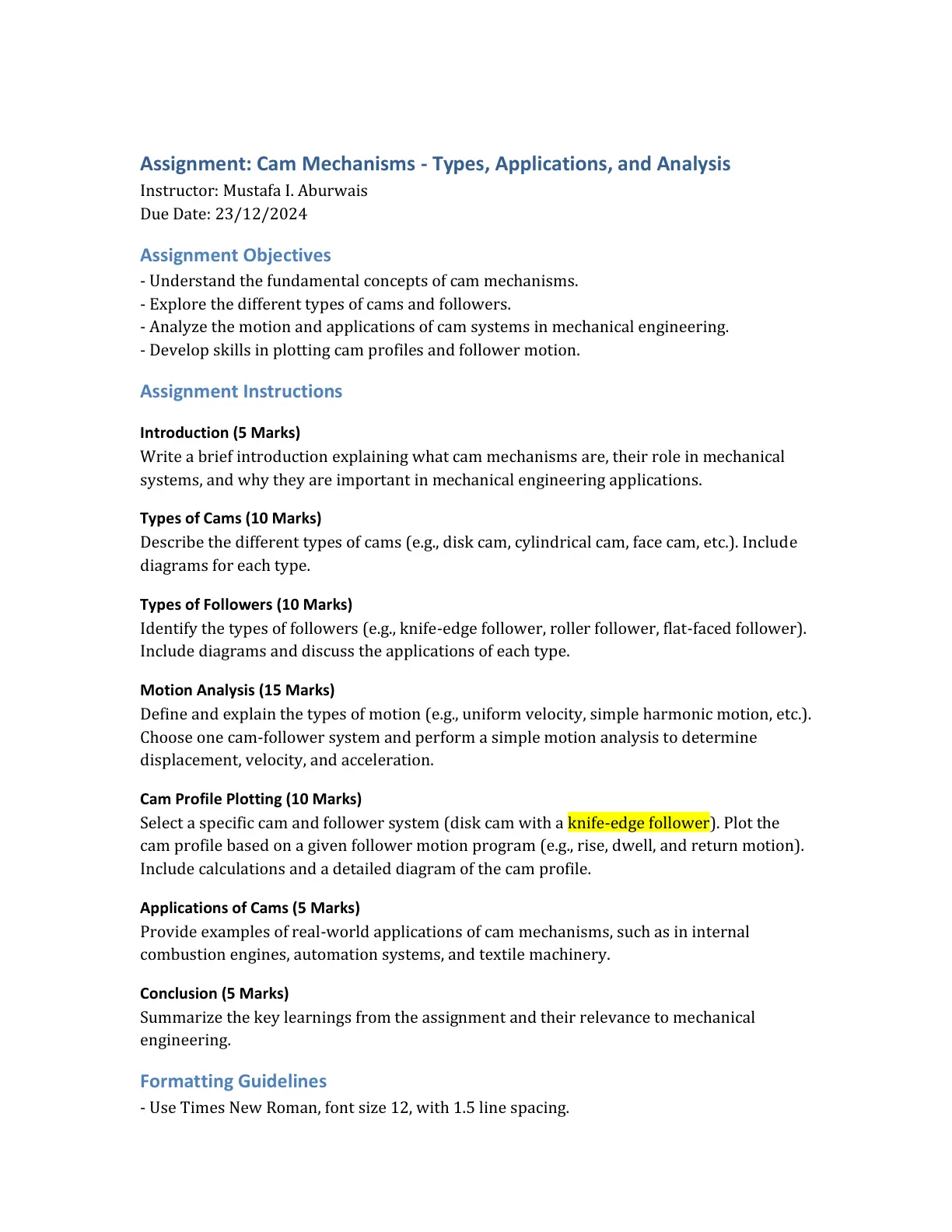 غلاف تقرير Assignment: Cam Mechanisms - Types, Applications, and Analysis