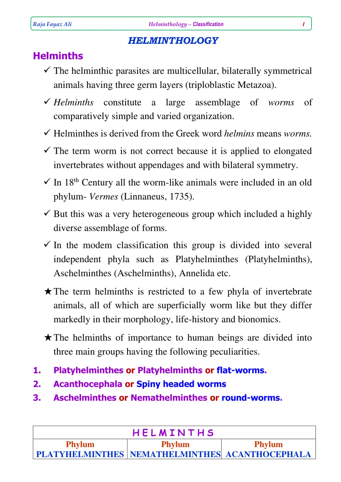 غلاف تقرير Helminthology - Classification