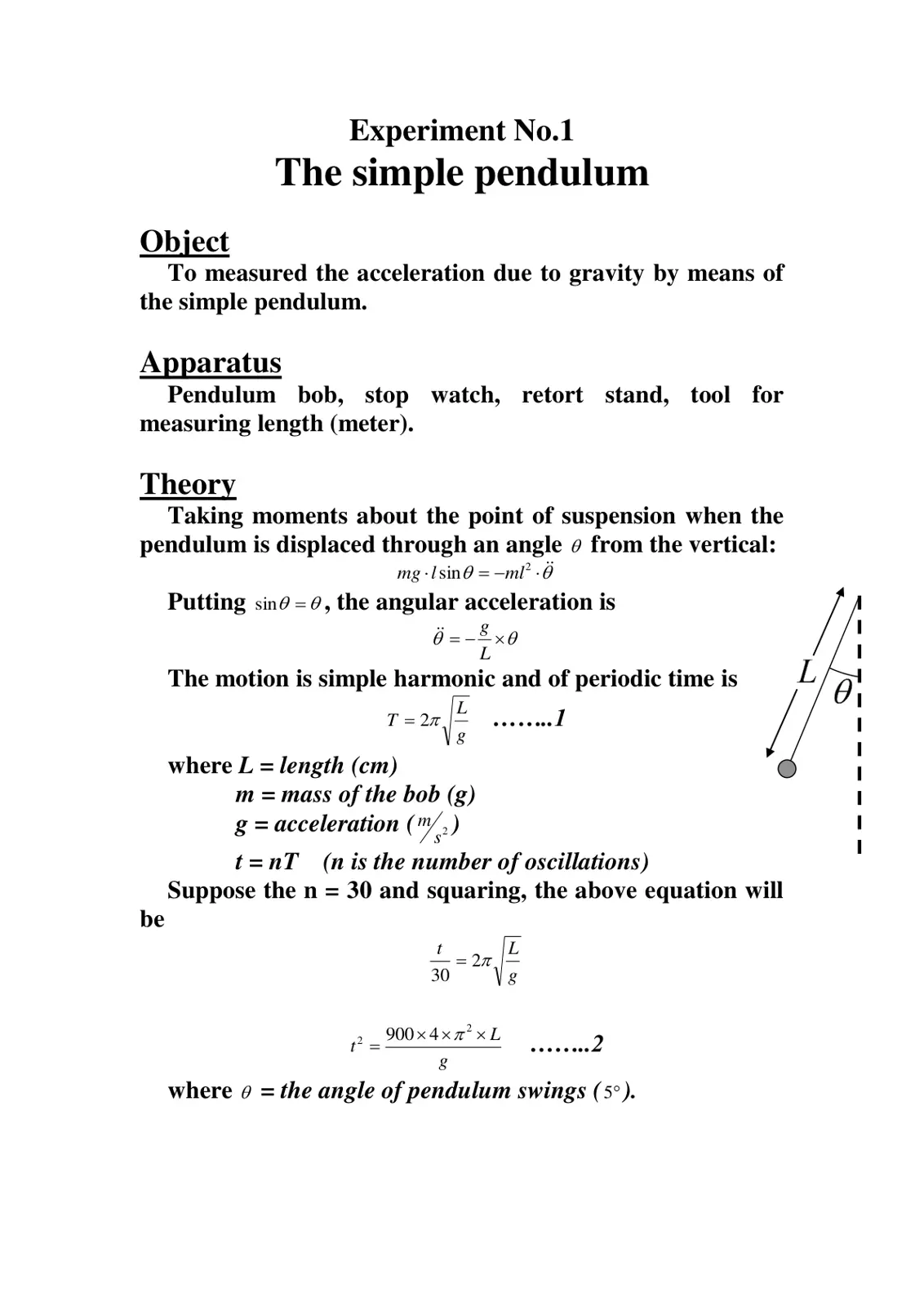 غلاف تقرير Experiment No.1 The simple pendulum