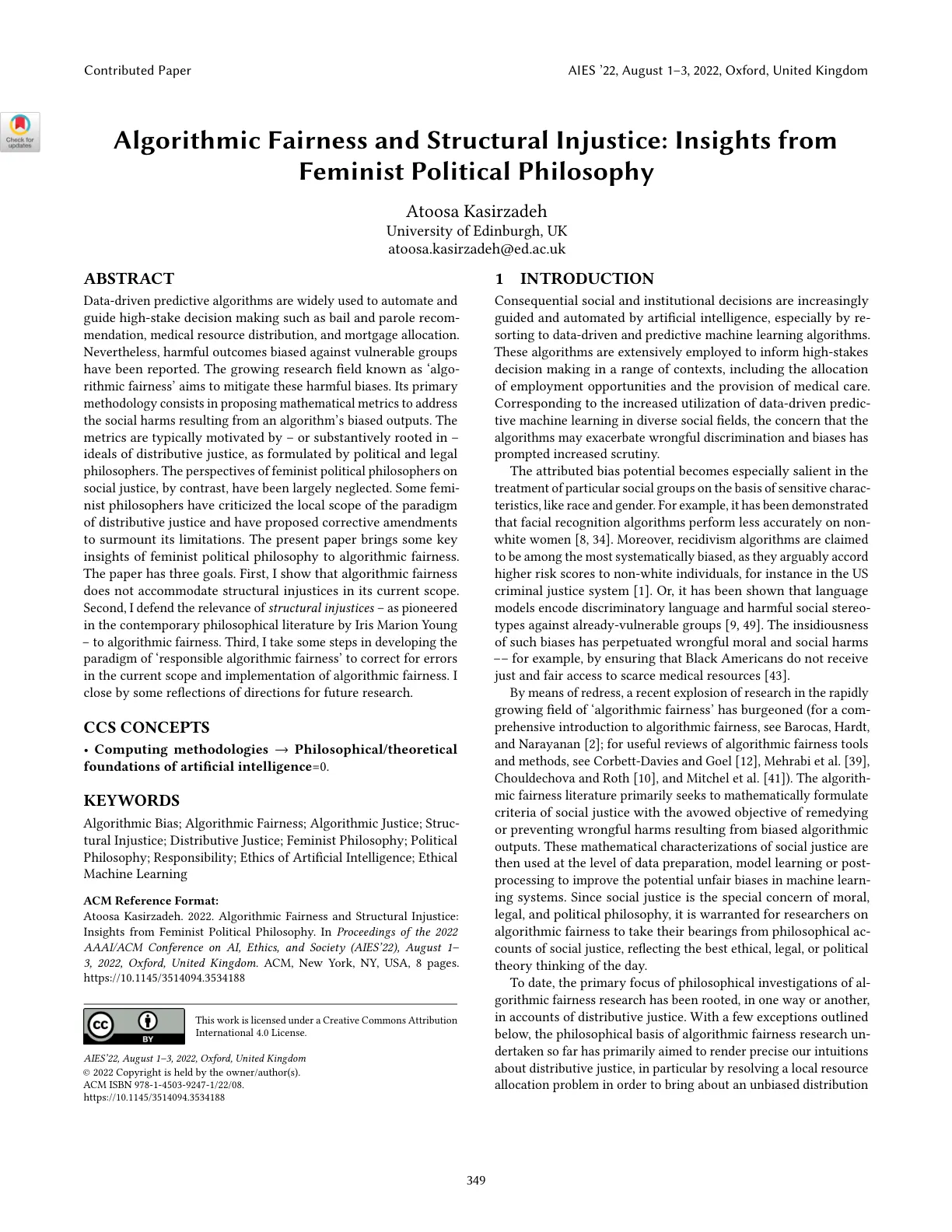 غلاف تقرير Algorithmic Fairness and Structural Injustice: Insights from Feminist Political Philosophy