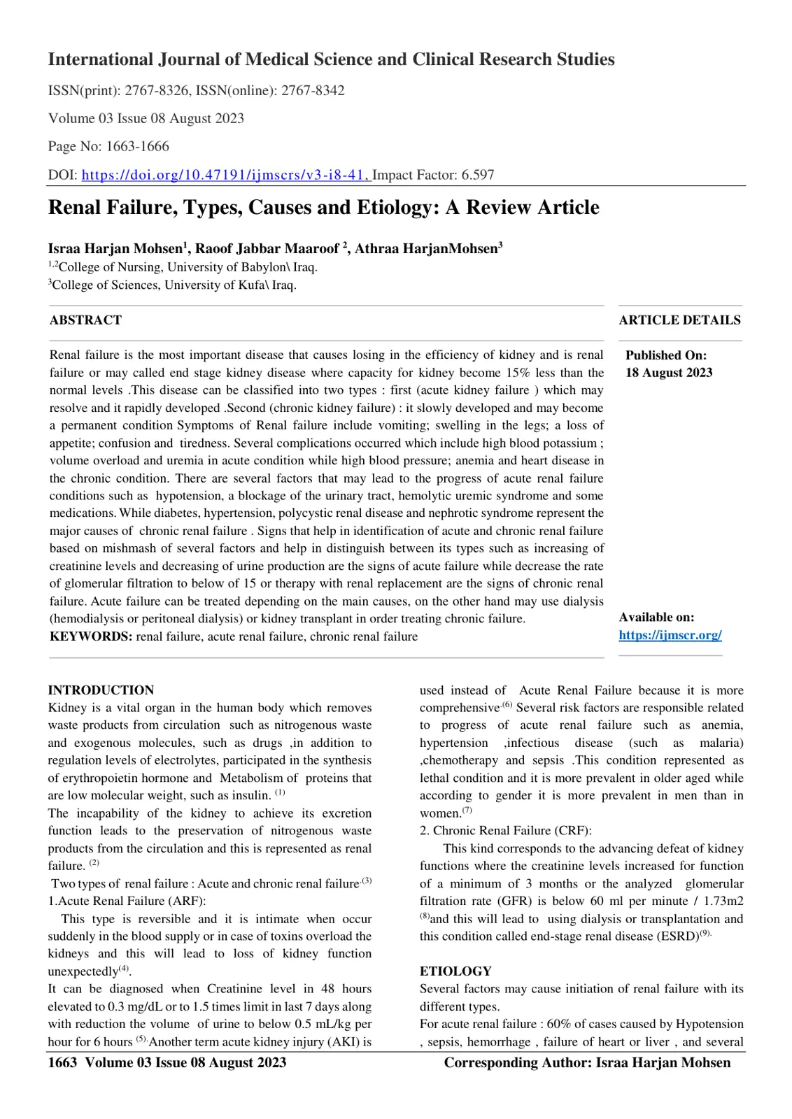 غلاف تقرير Renal Failure, Types, Causes and Etiology: A Review Article