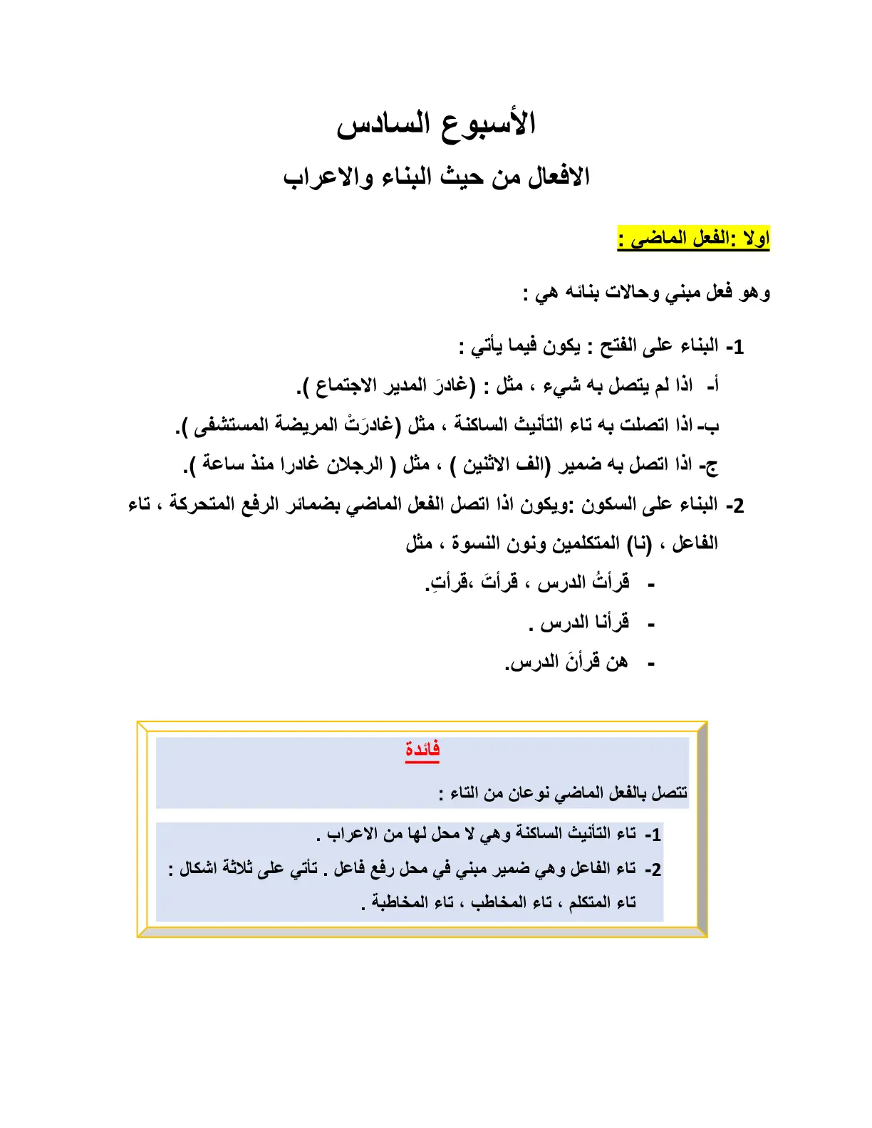 غلاف تقرير الفعل الماضي – الأسبوع السادس: الأفعال من حيث البناء والإعراب