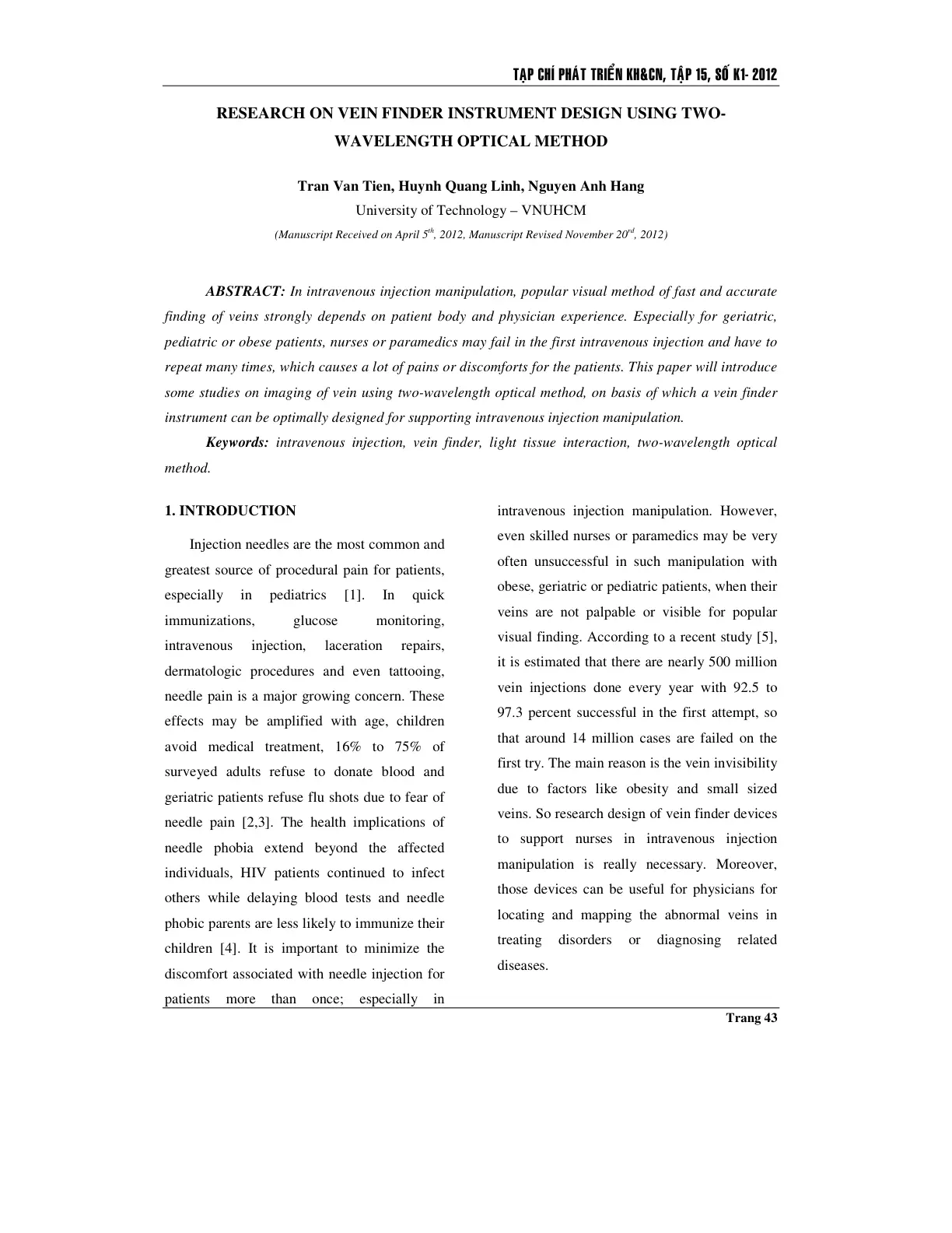 غلاف تقرير Research on Vein Finder Instrument Design Using Two-Wavelength Optical Method