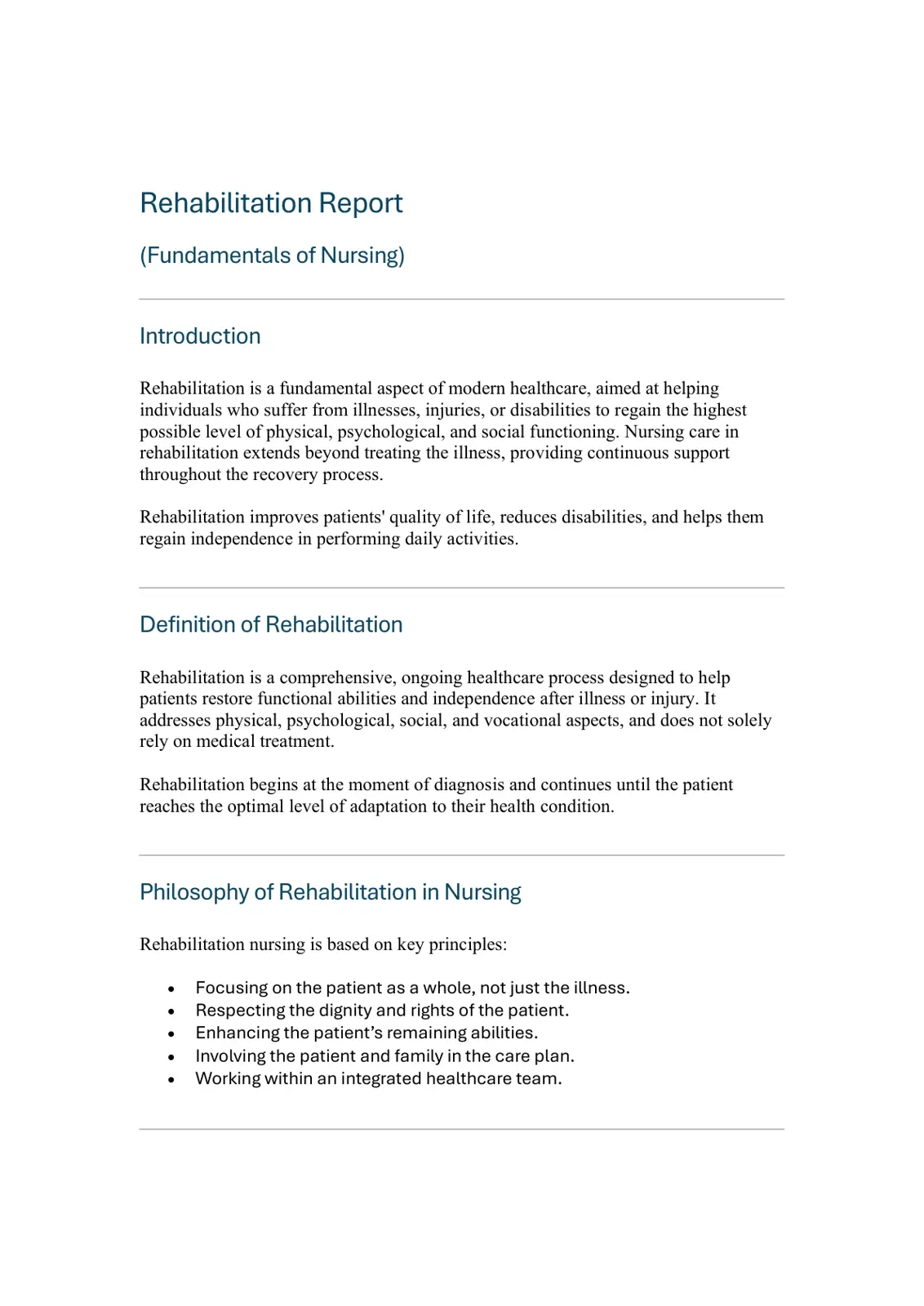 غلاف تقرير Rehabilitation Report (Fundamentals of Nursing)