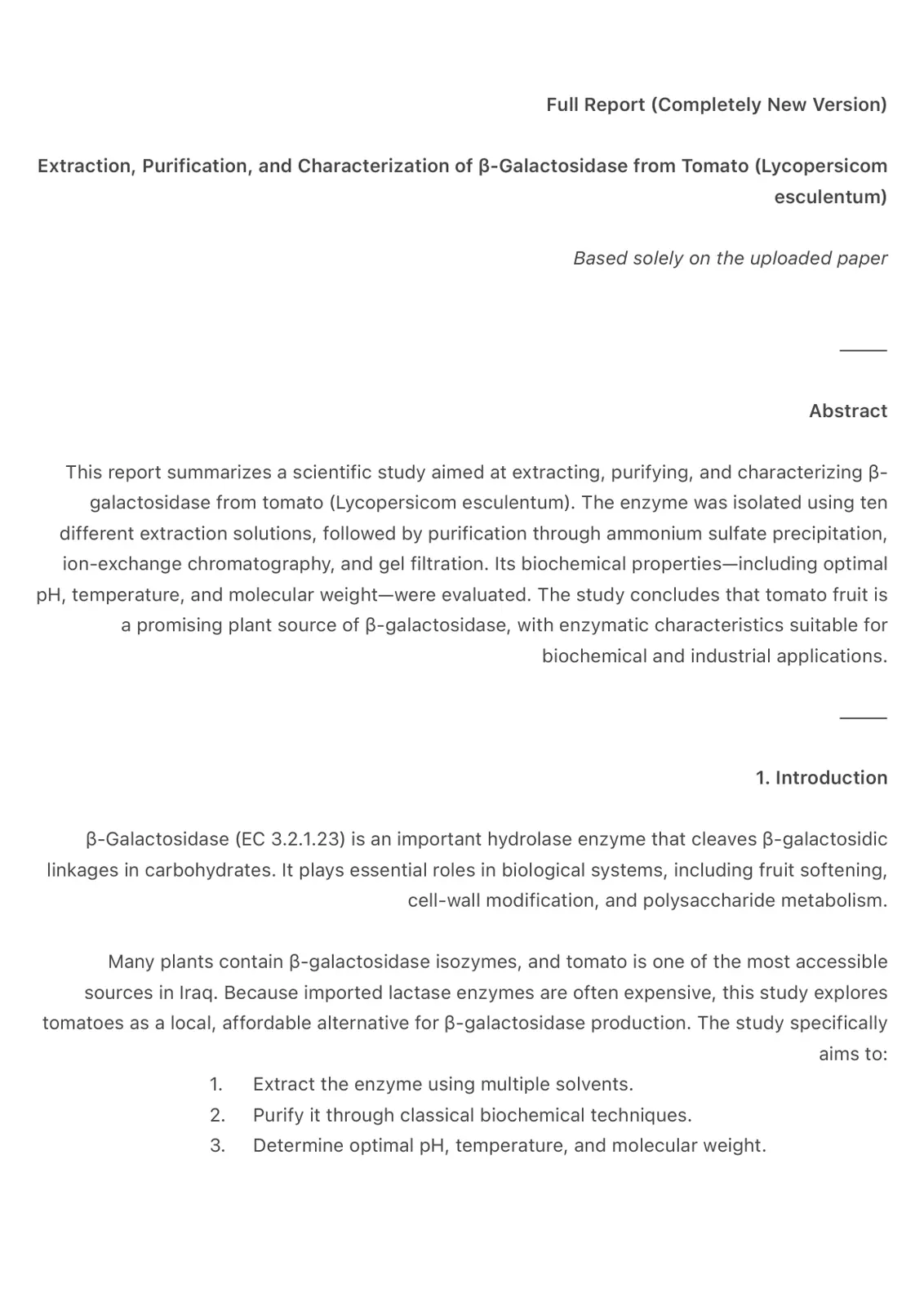 غلاف تقرير Extraction, Purification, and Characterization of β-Galactosidase from Tomato (Full Report)