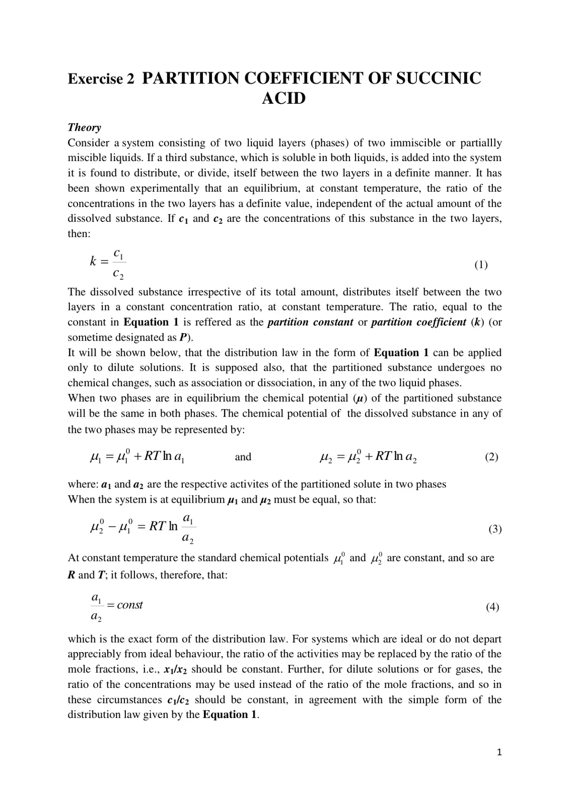 غلاف تقرير Exercise 2 PARTITION COEFFICIENT OF SUCCINIC ACID