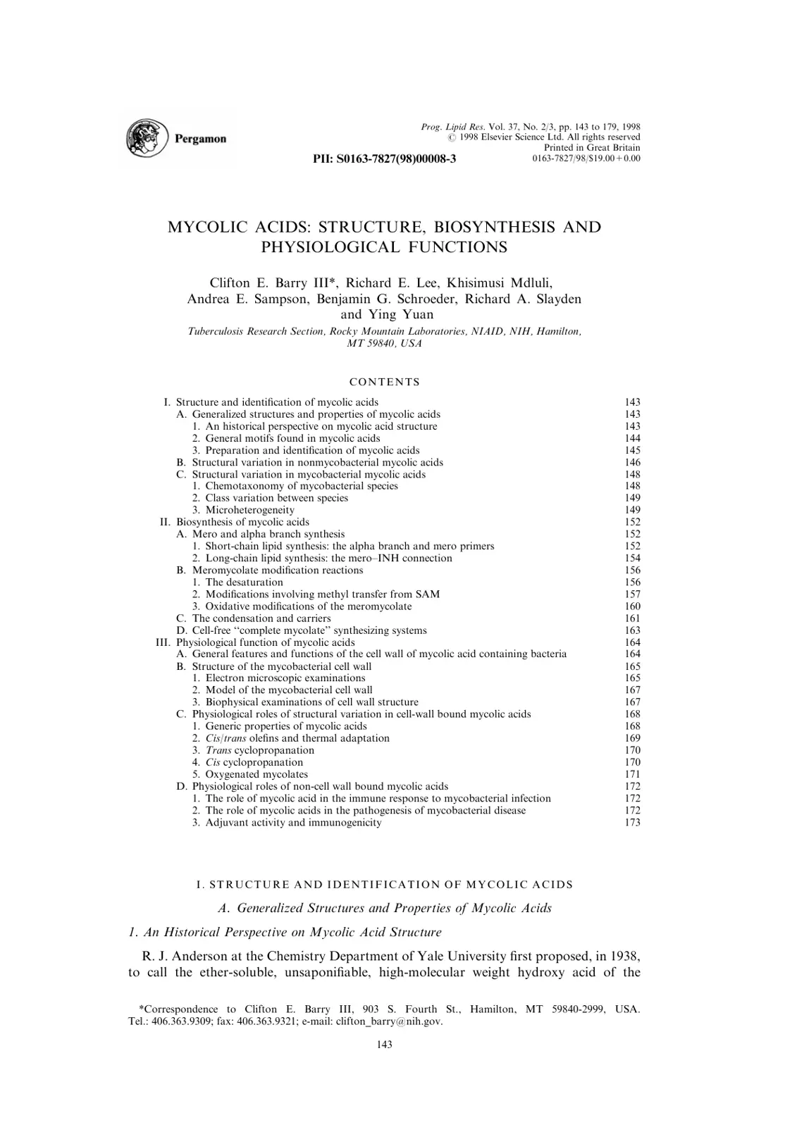 غلاف تقرير Mycolic Acids: Structure, Biosynthesis and Physiological Functions