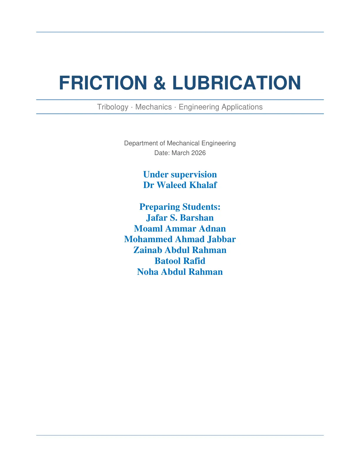 غلاف تقرير FRICTION & LUBRICATION Tribology Mechanics Engineering Applications