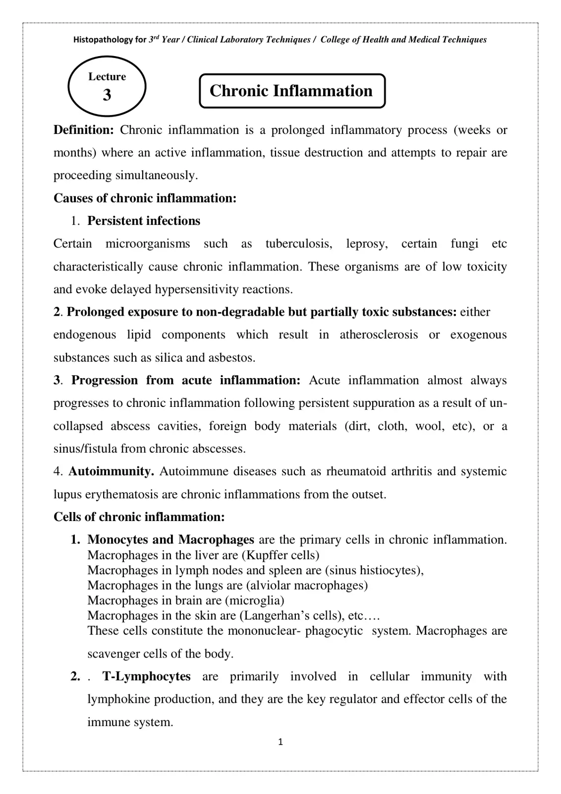 غلاف تقرير Histopathology Lecture 3: Chronic Inflammation
