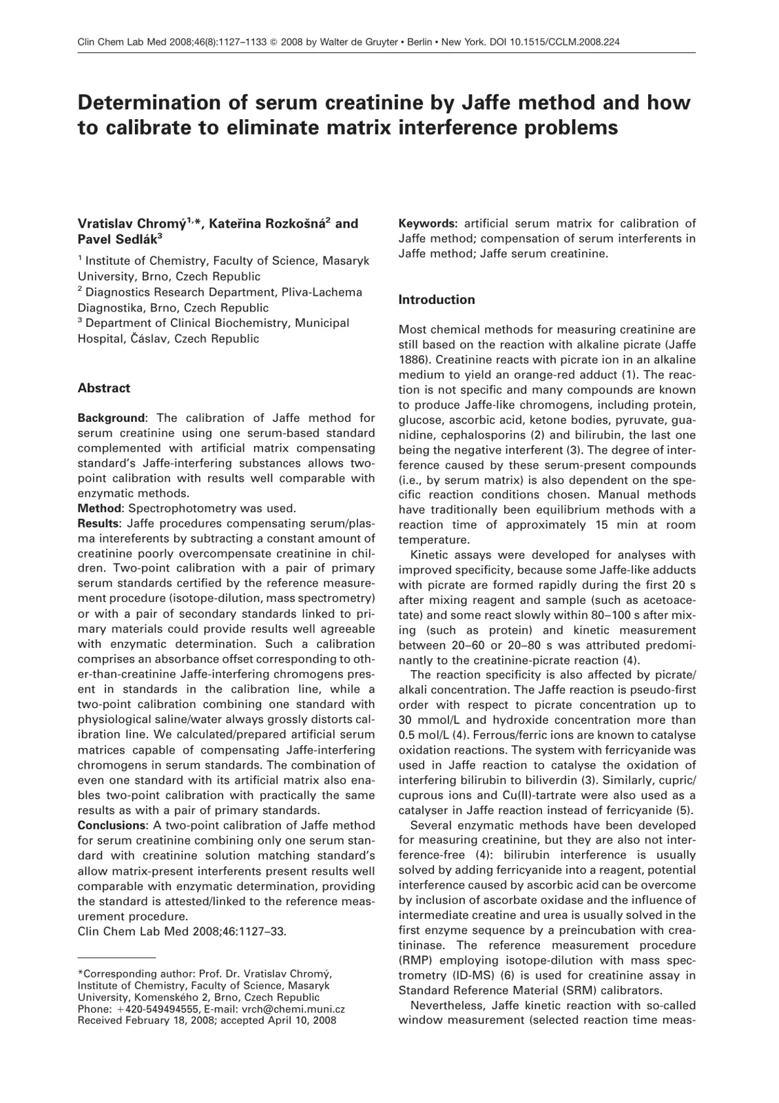غلاف تقرير Determination of serum creatinine by Jaffe method and how to calibrate to eliminate matrix interference problems