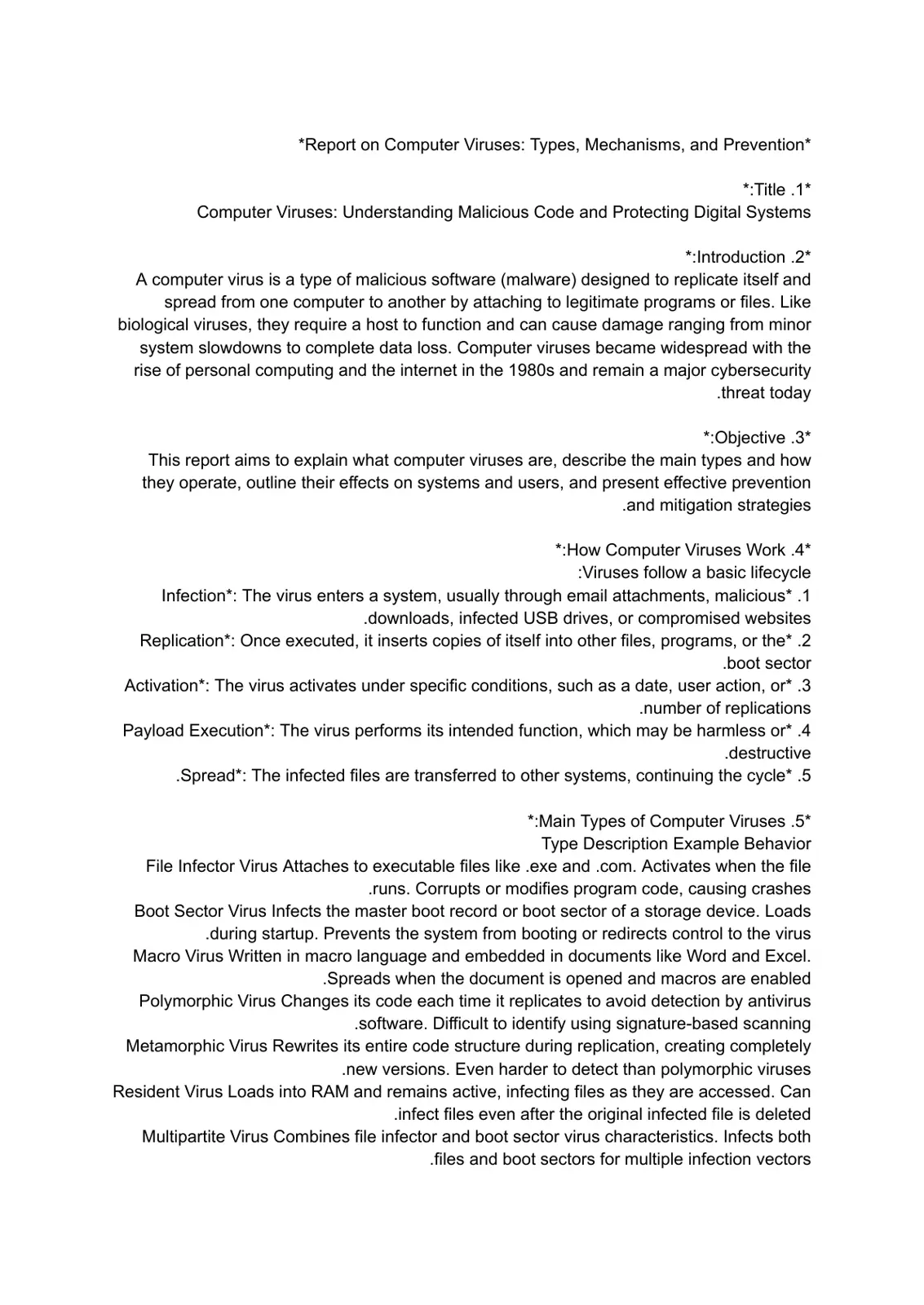 غلاف تقرير Report on Computer Viruses: Types, Mechanisms, and Prevention
